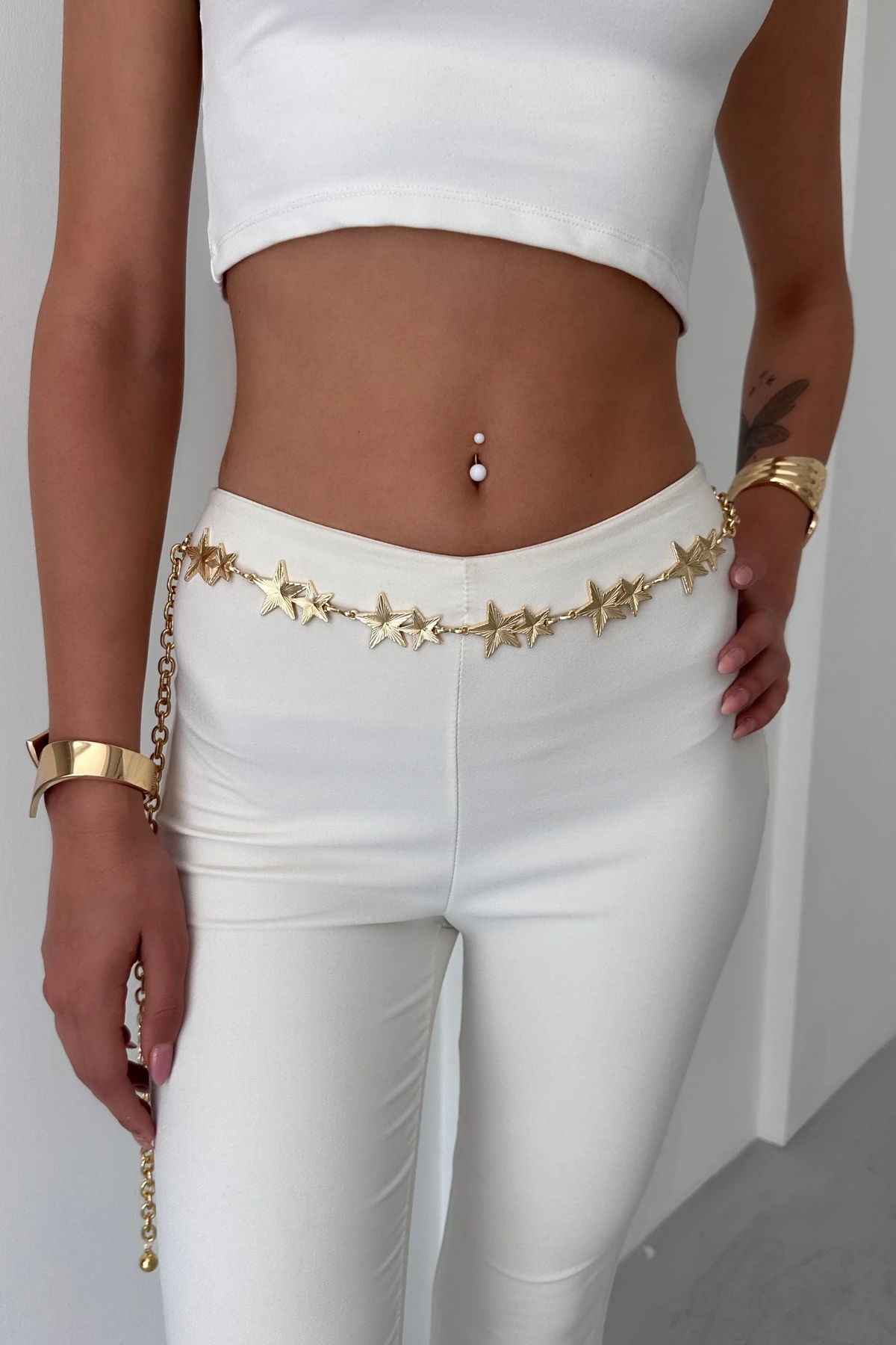 Çift Yıldızlı Tasarım Gold Zincir Kemer