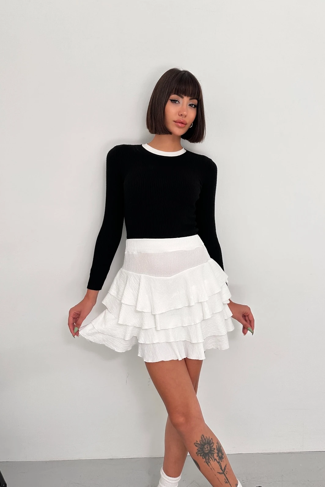 YÜKSEK BEL 4 KATLI BÜRÜMCÜK KLOŞ MİNİ ETEK - ekru