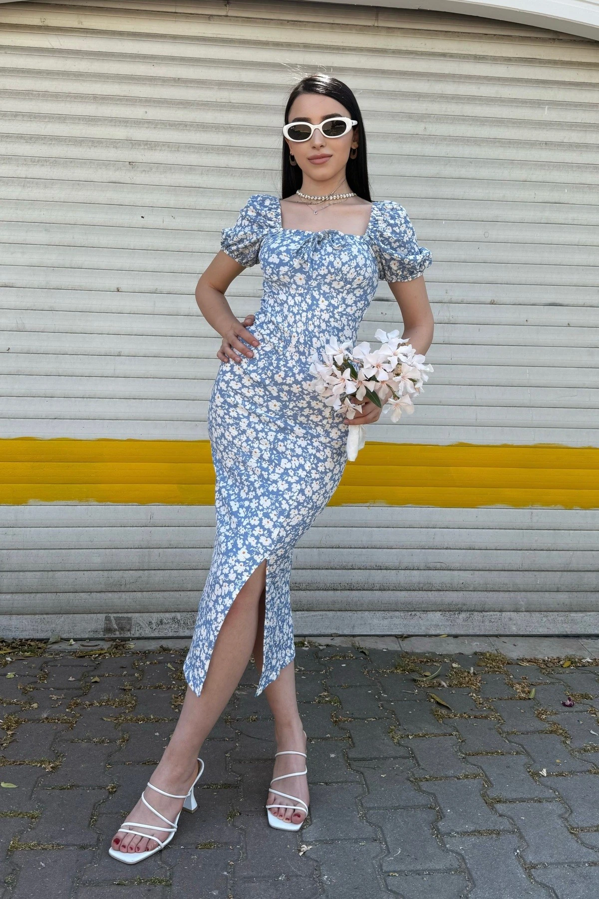 KARPUZ KOL BÜYÜK ÇİÇEK DESENLİ YIRTMAÇLI ELBİSE