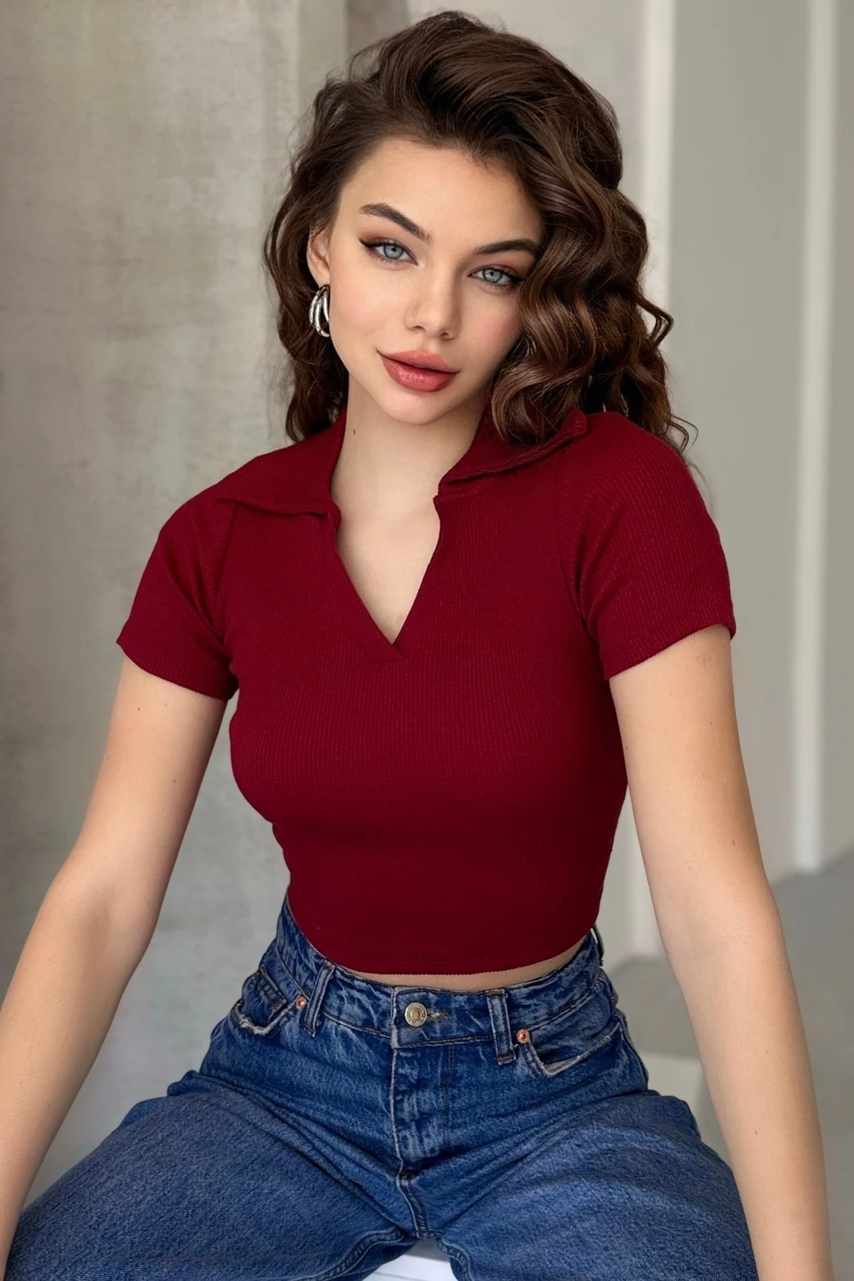 POLO YAKA KAŞKORSE KISA KOL CROP BODY - bordo