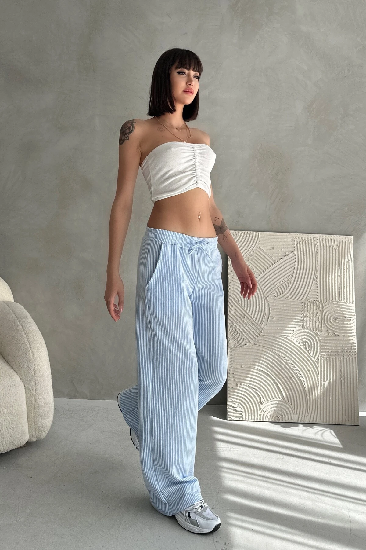 BELİ LASTİKLİ BAĞLAMALI SU YOLU ÇİZGİLİ PANTOLON