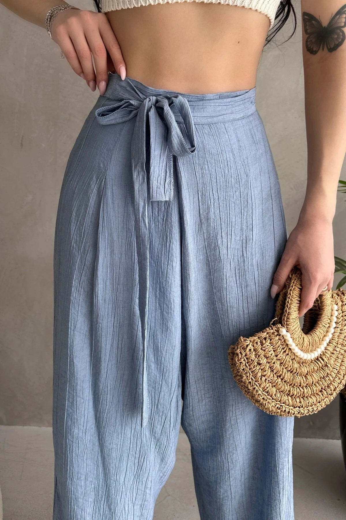 BELDEN BAĞLAMA DETAYLI ŞALVAR TİPİ KETEN PANTOLON