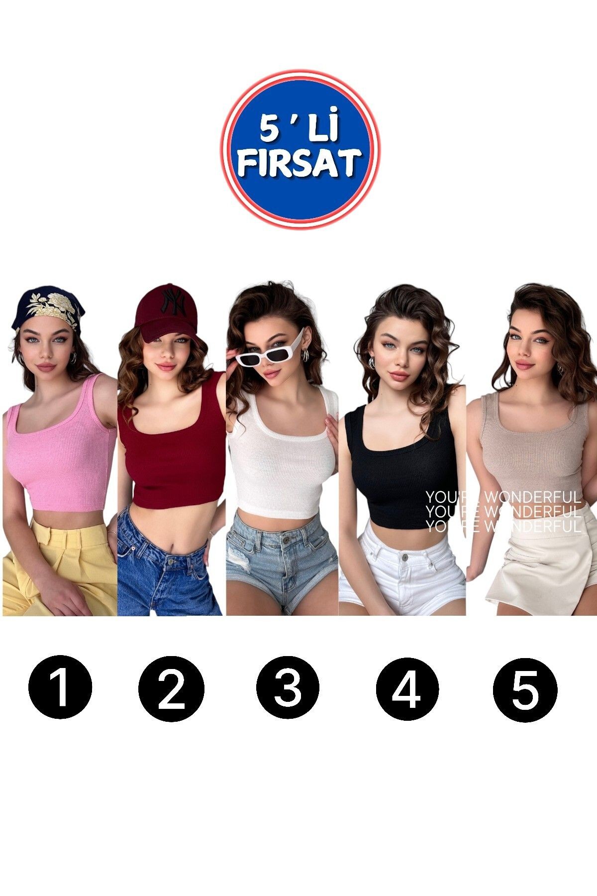 5' li PAKET  U YAKA, FİTİLLİ GÖRÜNÜMLÜ, KALIN ASKILI, KAŞKORSE CROP ATLET