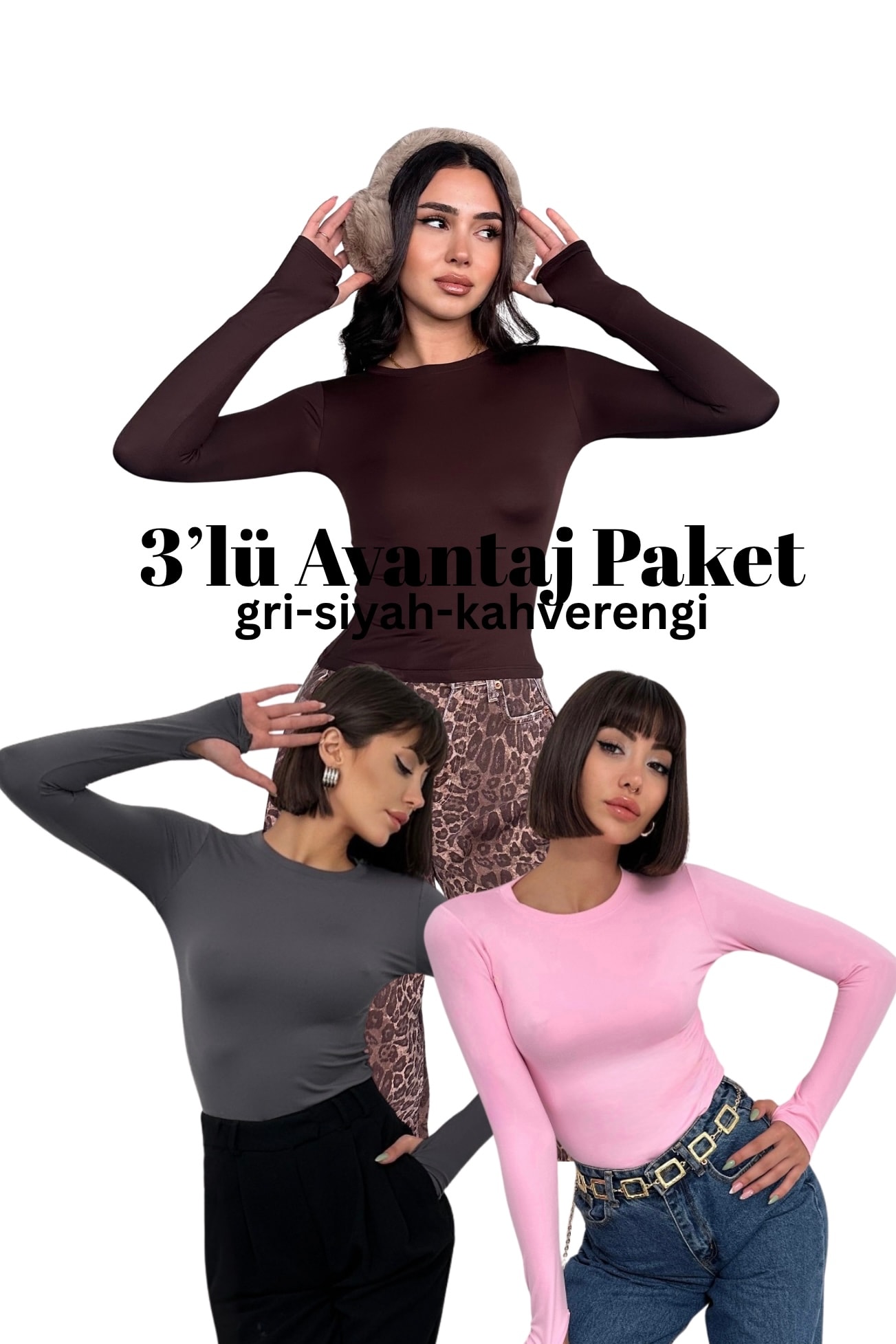 3' lü AVANTAJ PAKET OYSHO PARMAK GEÇİRMELİ UZUN KOL BLUZ