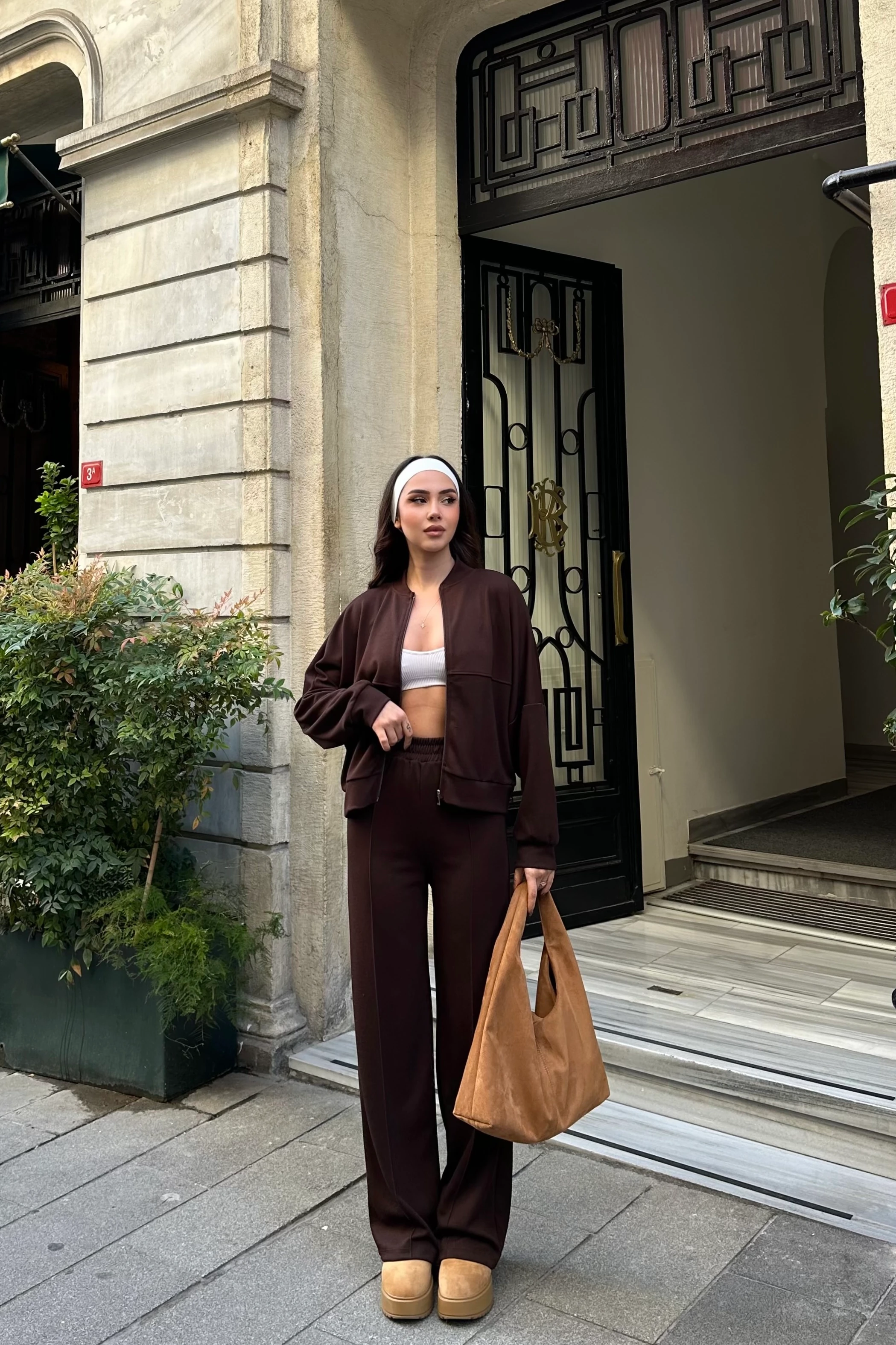 Modal Kumaş Fermuarlı Hırka, Beli Lastikli Pantolon Takım - kahverengi̇