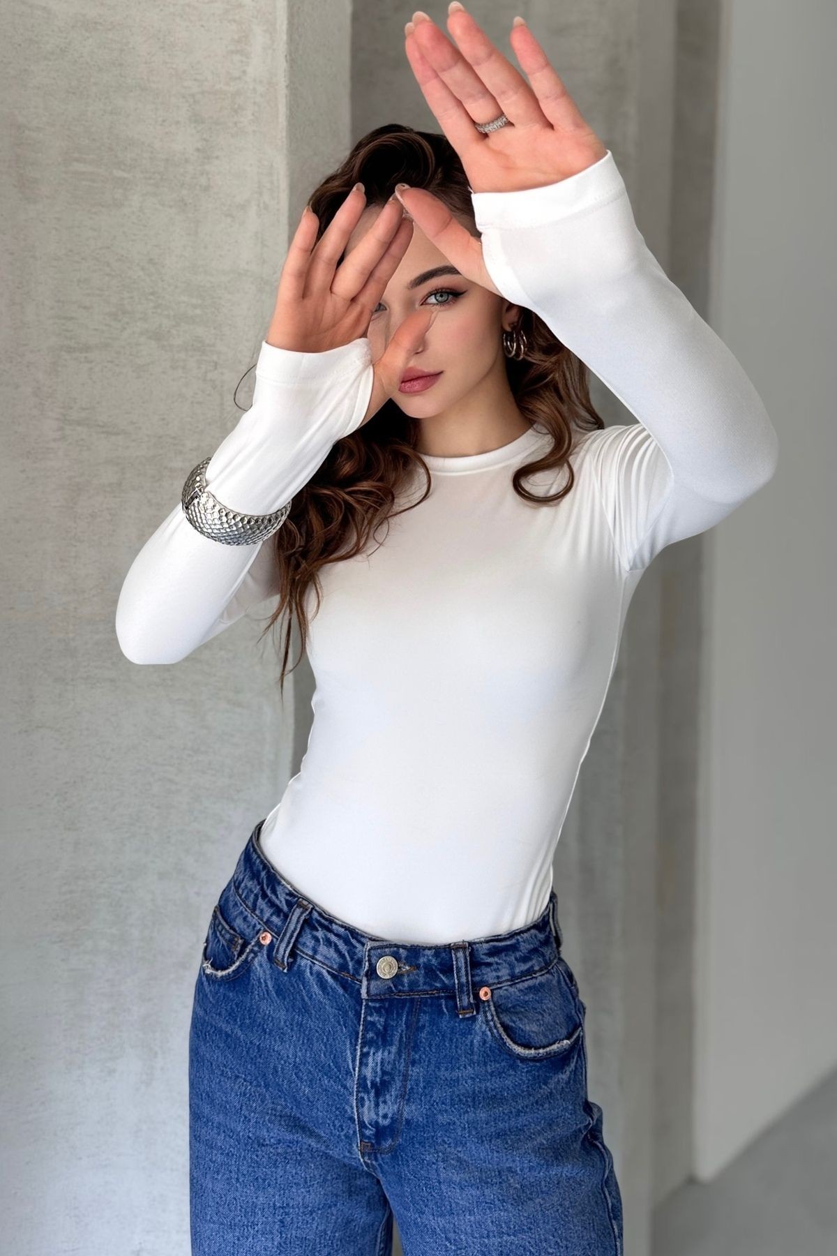 OYSH KUMAŞ PARMAK GEÇİRMELİ UZUN KOL BODY