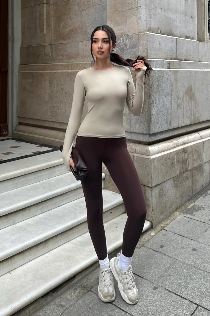 ACTİVEE MODAL KUMAŞ PARMAK GEÇİRMELİ TAKIM - Bej- Kahve