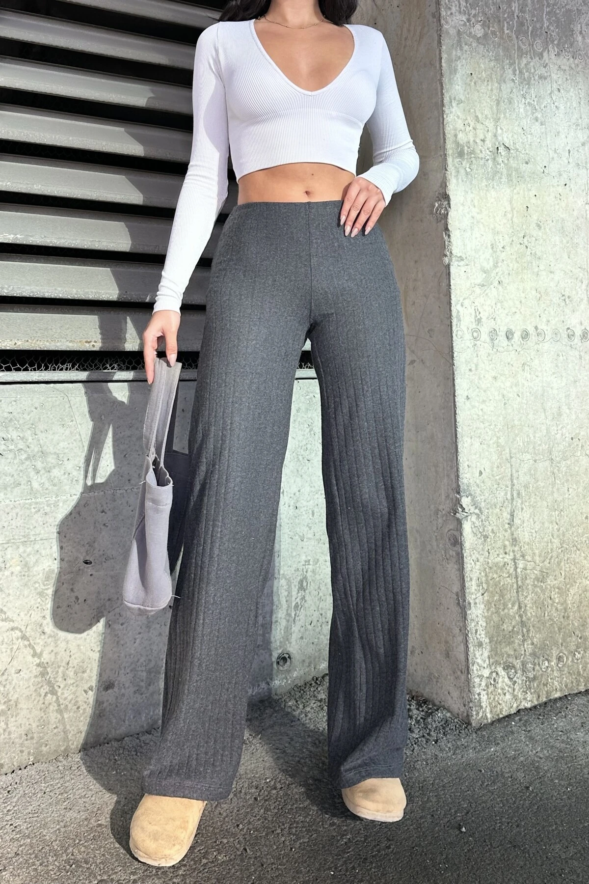 YÜKSEK BEL,ELASTİK BEL BANTLI PALAZZO PANTOLON - antrasi̇t