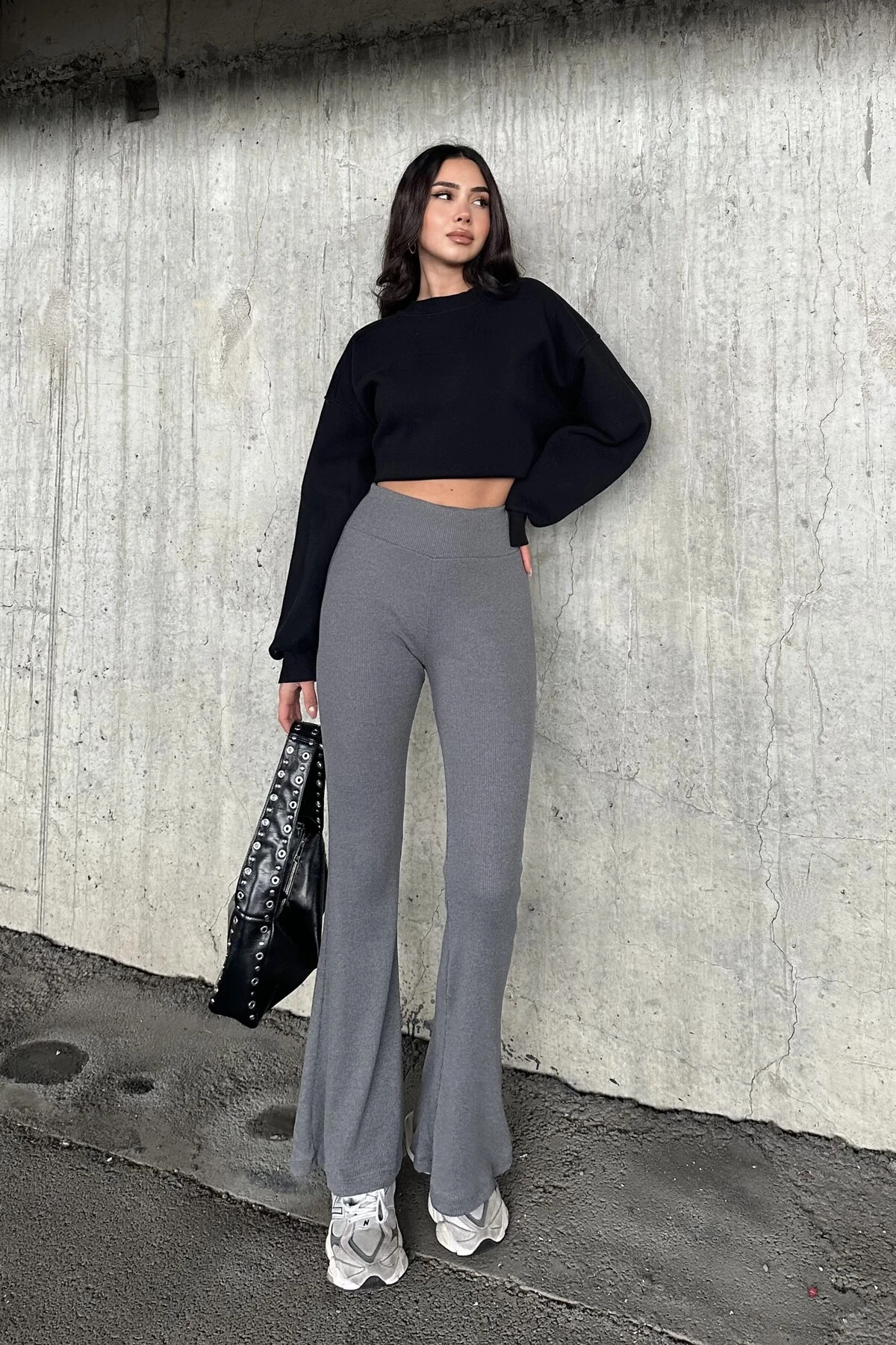 İSPANYOL PAÇA YÜKSEK BEL KAŞKORSE PANTOLON - füme