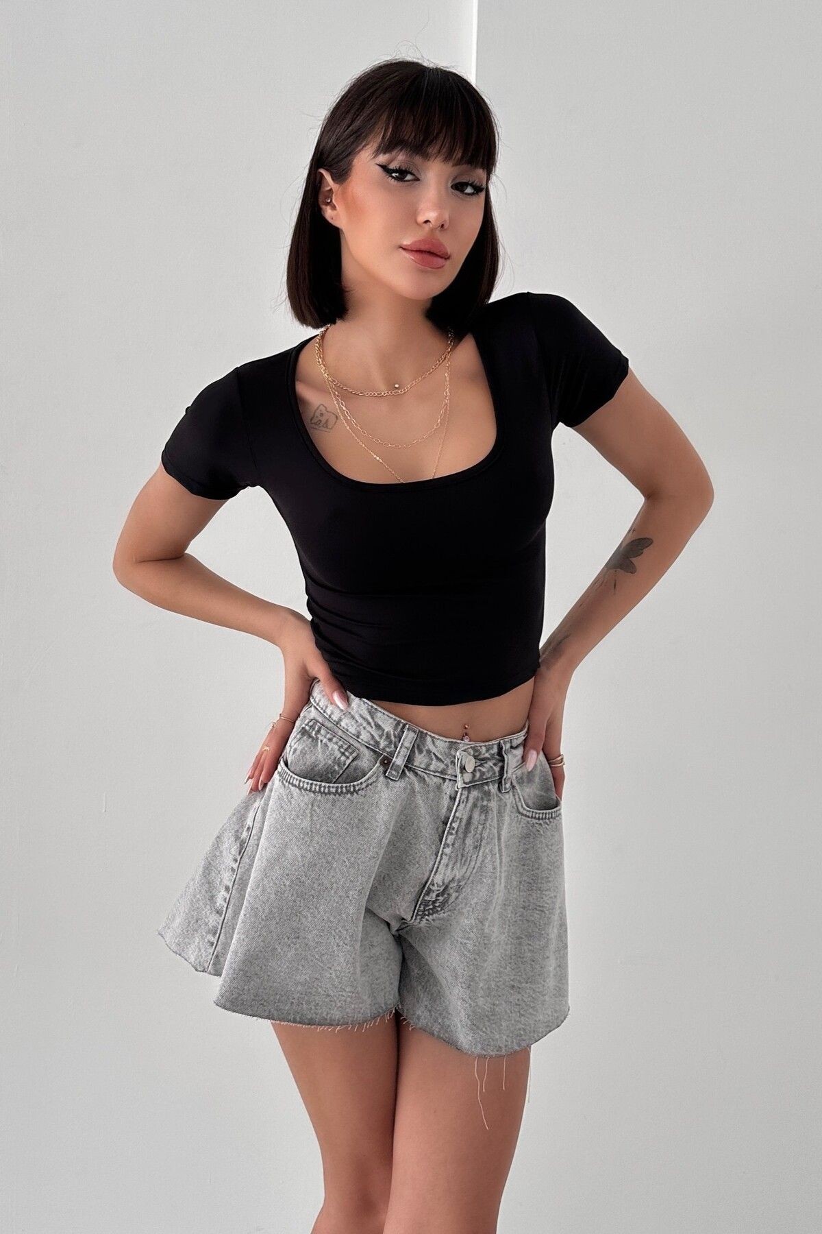 MODAL KUMAŞ OVAL YAKA YARIM KOL BODY - si̇yah
