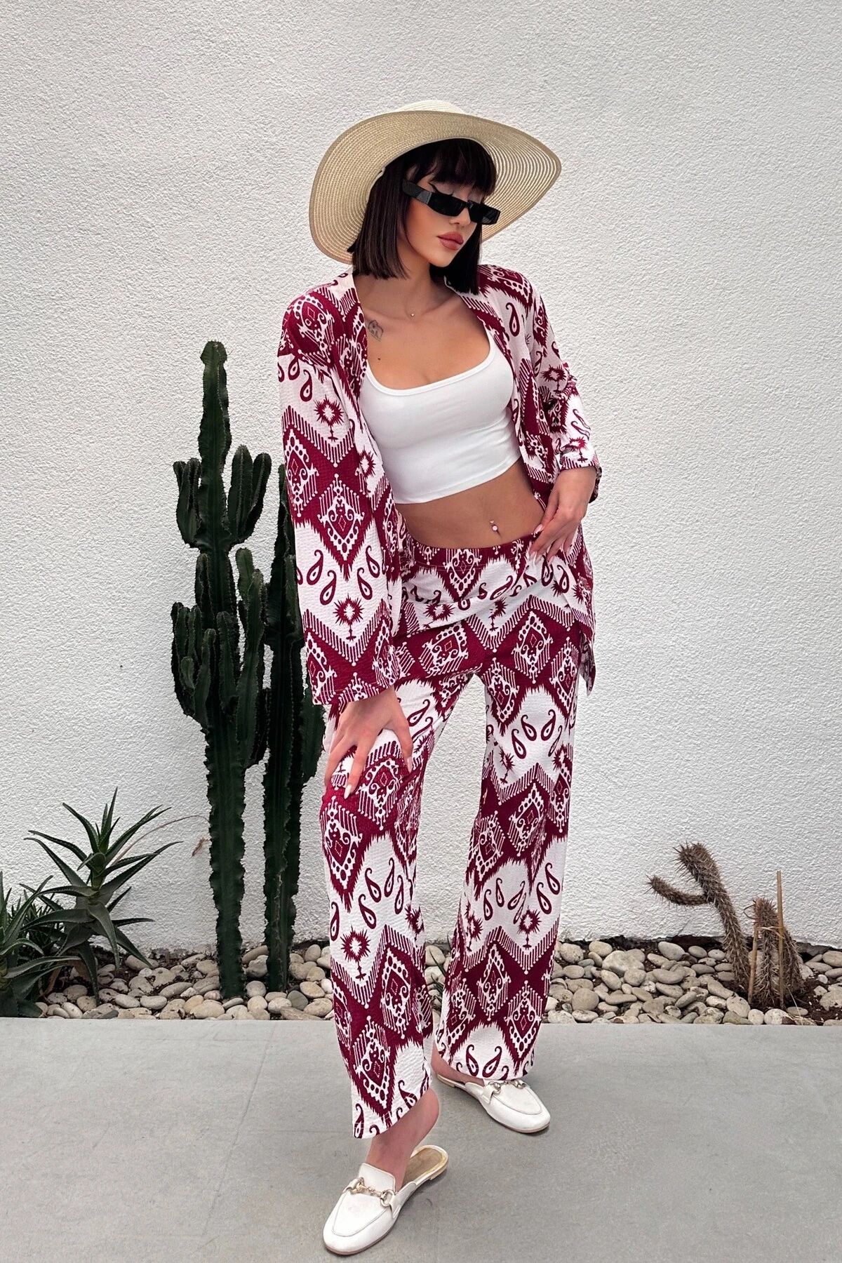 DESENLİ BÜRÜMCÜK KİMONO TAKIM - bordo