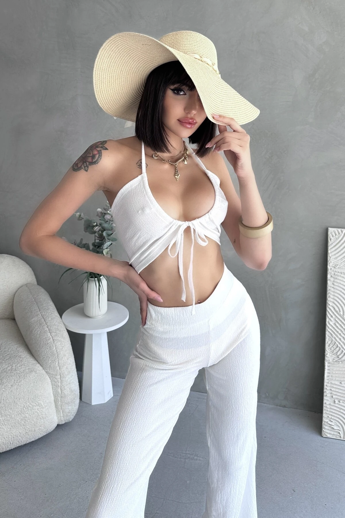 YUMEKO DEKOLTELİ CROP, YÜKSEK BEL BÜRÜMCÜK PANTOLON TAKIM