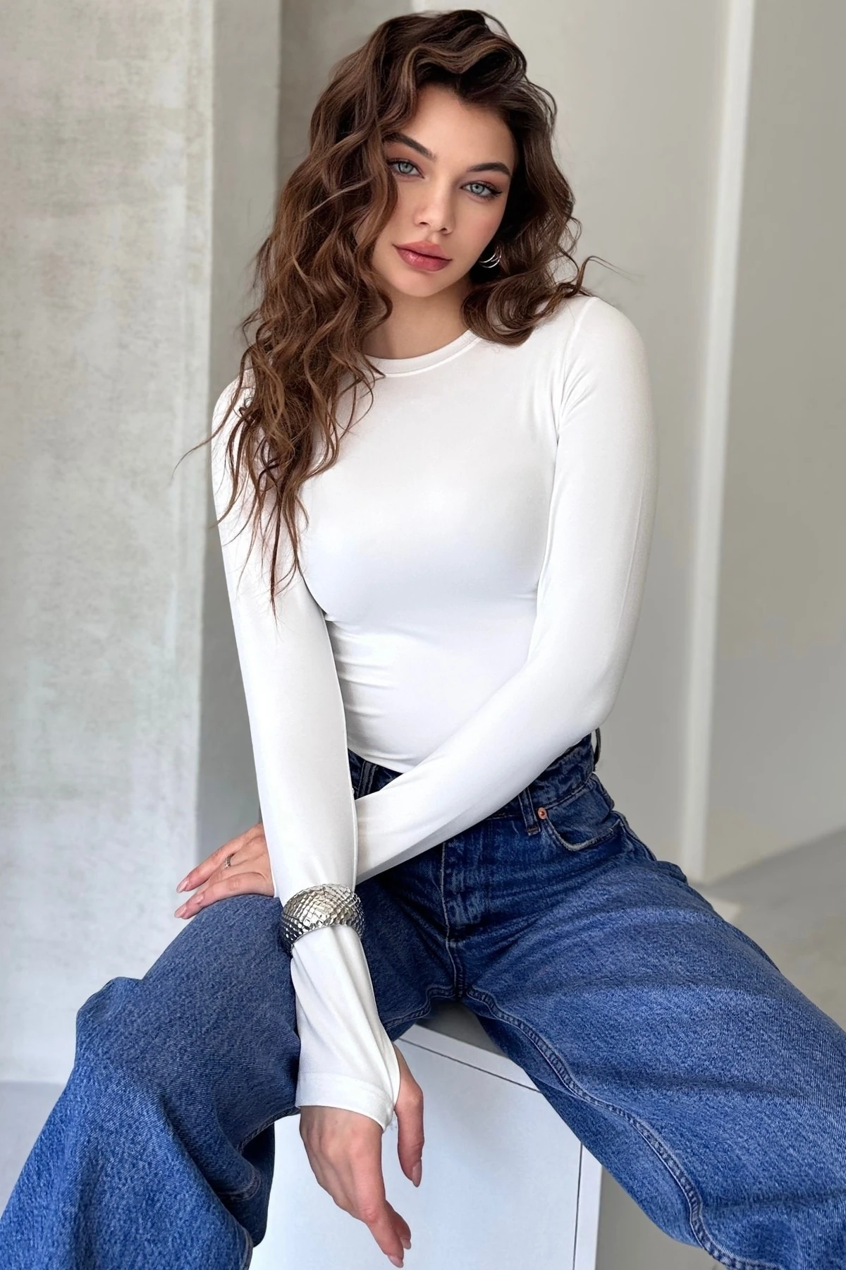 Modal Kumaş Parmak Geçirmeli Uzun Kol Body - ekru