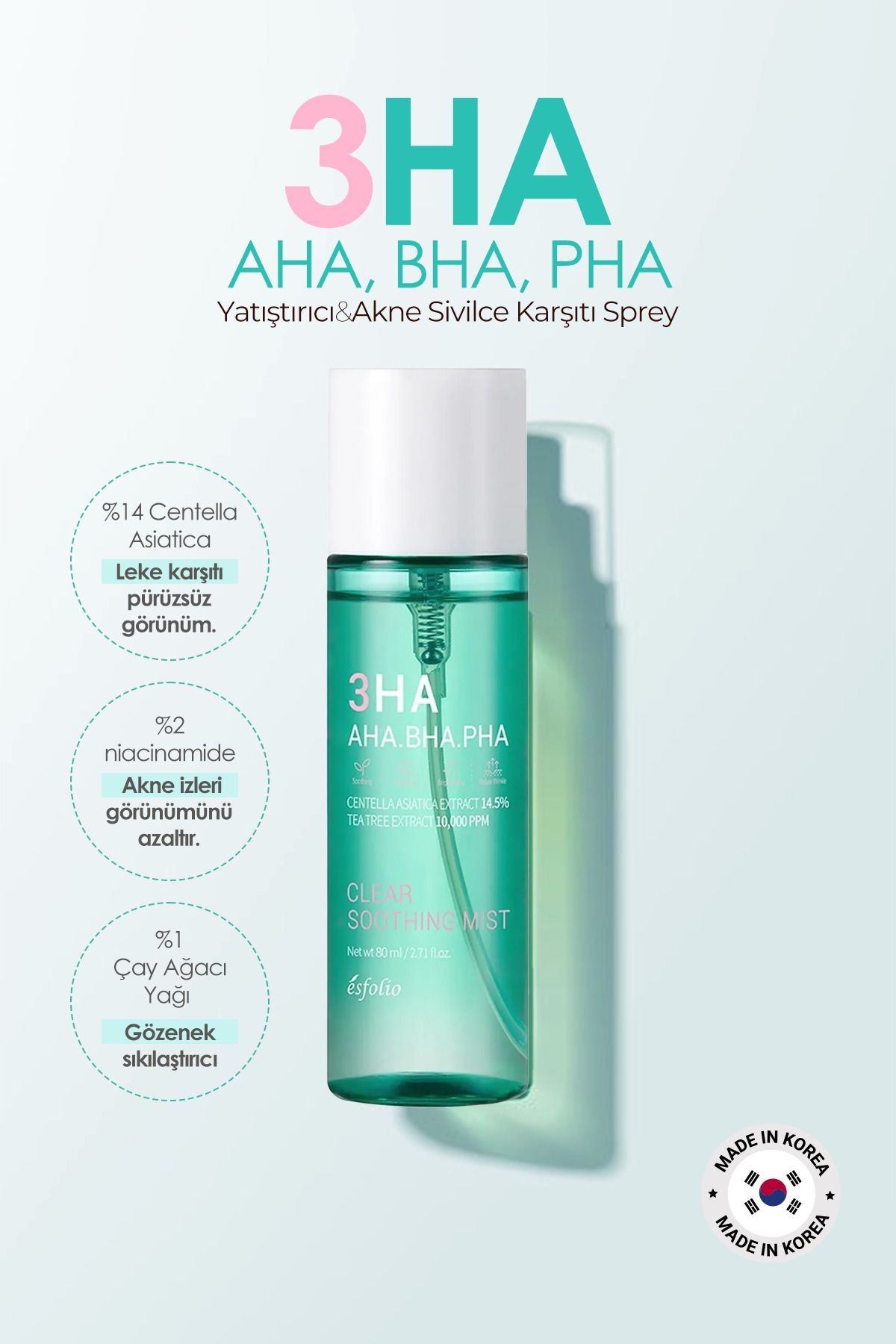 %14 Centella Içeren Yatıştırıcı Akne Sivilce Karşıtı Sprey Mist 3ha Clear Soothing Mist