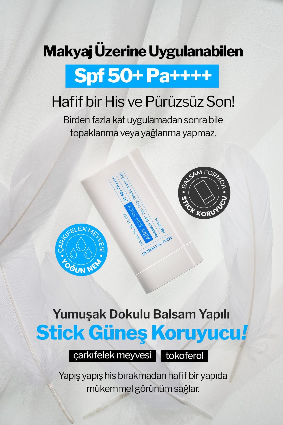 Yağlı ve Karma Ciltler İçin Mat Stick Güneş Koruyucu Derma Factory Airy Sun Stick SPF 50+ PA++++