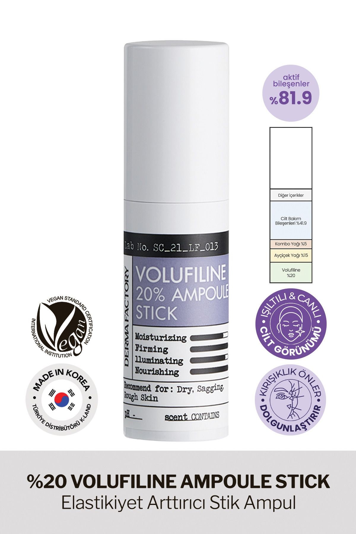 %20 Volufilin İçeren Dolgunlaştırıcı, Yaşlanma Karşıtı Stick Derma Factory Volufiline Ampoule Stick