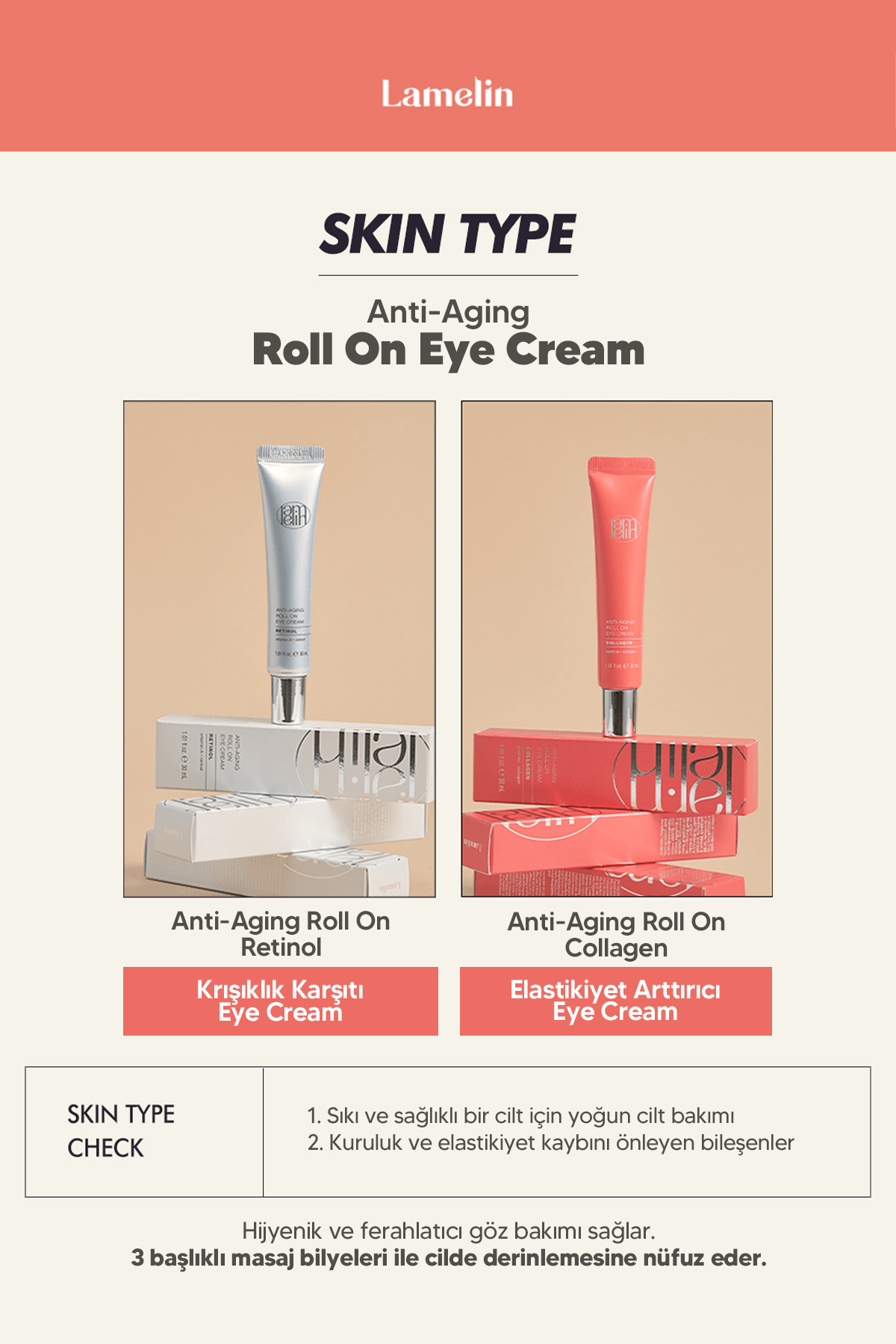 Milia ve Leke Karşıtı 3'lü Masaj Başlıklı Retinol Göz Kremi Lamelin Roll On Retinol Eye Cream