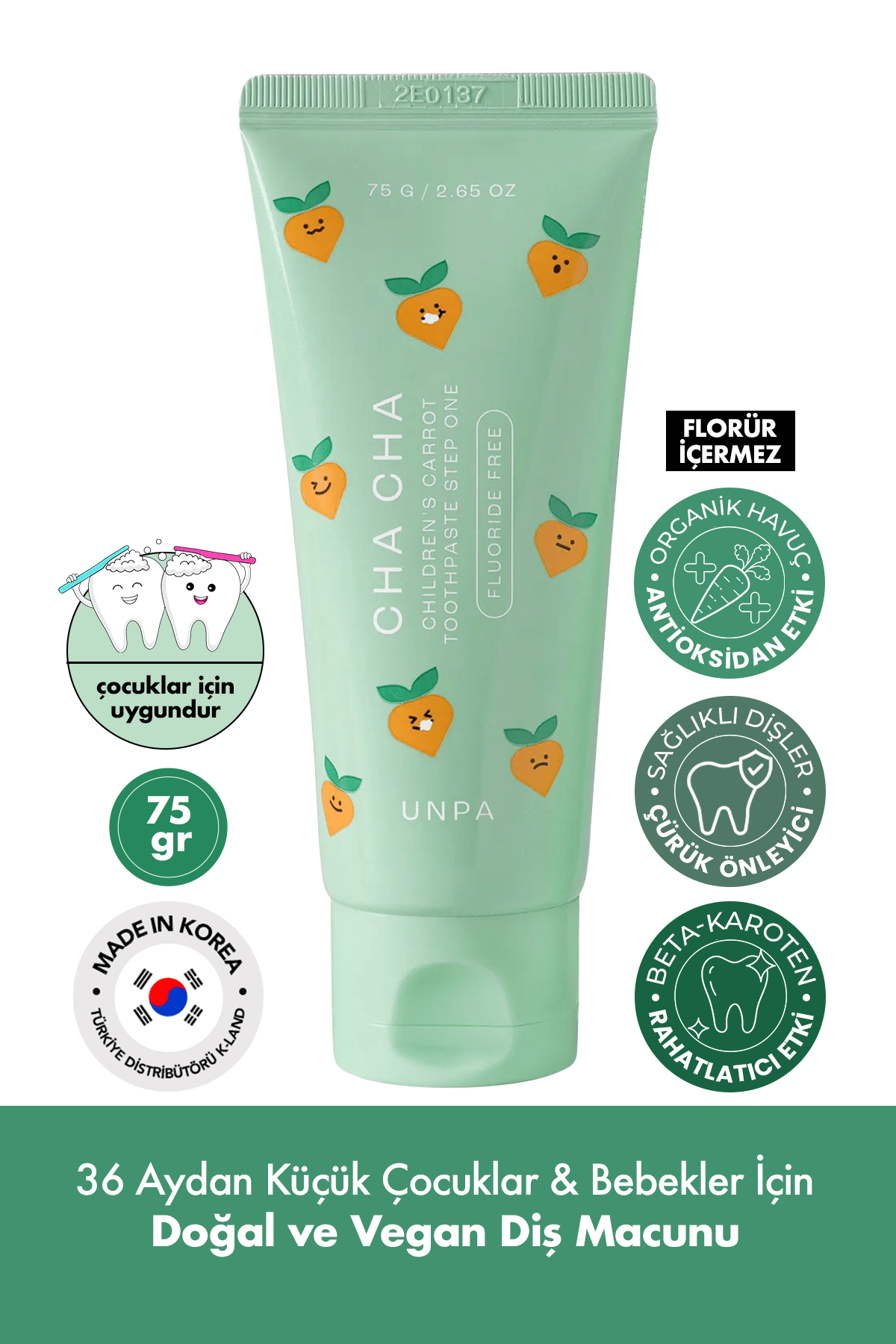 36 Aydan Küçük Çocuklara, Doğal ve Vegan Kore Diş Macunu UNPA Cha Cha Children Toothpaste