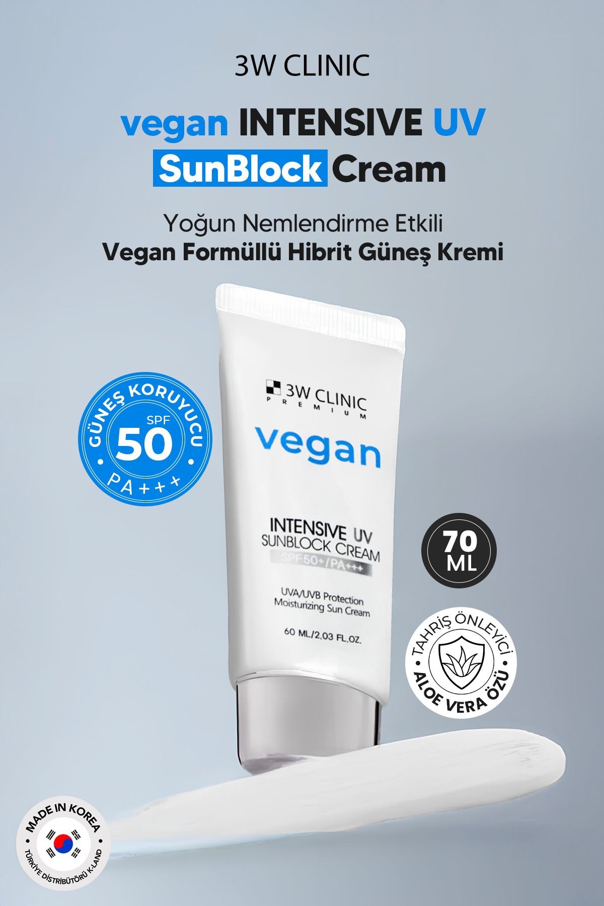 Yoğun Nemlendirme Etkili Vegan Hibrit Güneş Kremi SPF 50 PA +++ 3W CLINIC Premium Vegan UV Sun 60ml