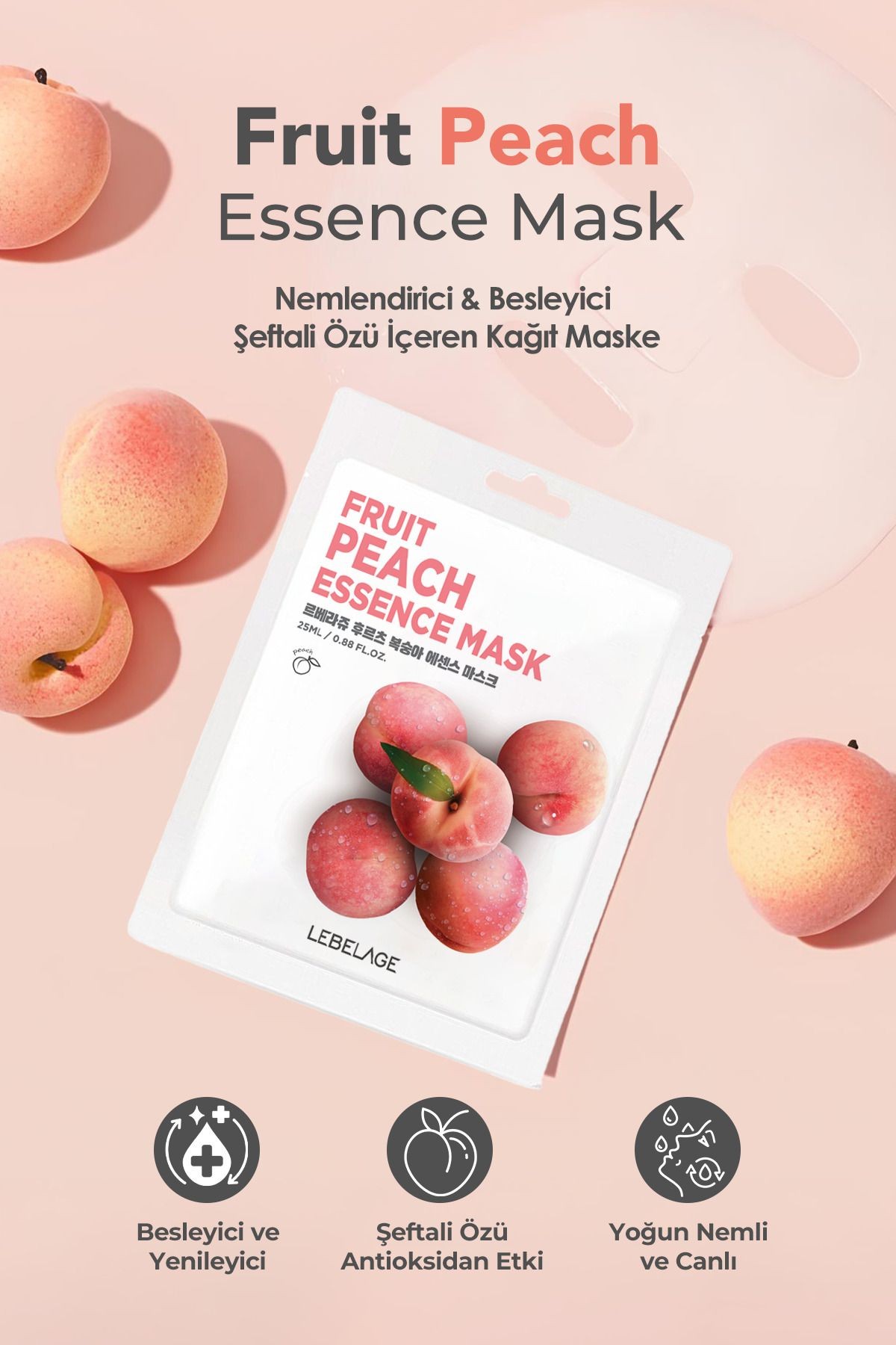 Şeftali Özü İçeren Aydınlatı Nemlendirici Kağıt Maske Lebelage Fruit Peach Mask