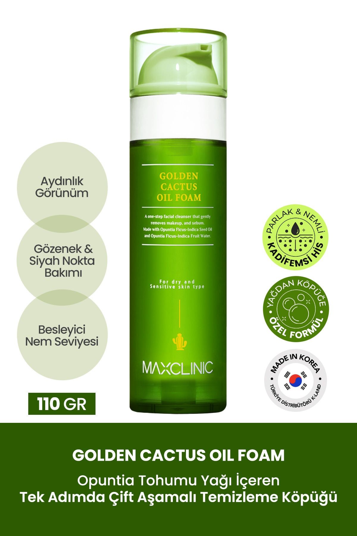 Kaktüs Meyvesi Özü İçeren Tek Adımda Çift Aşamalı Temizlik Sağlayan Maxclinic Golden Cactus Oil Foam