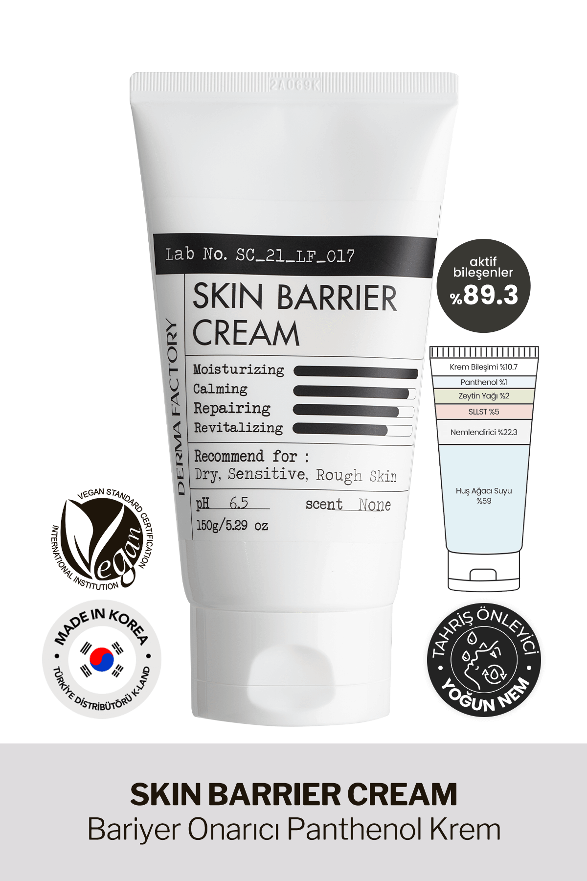 Bariyer Onarıcı %59 Huş Ağacı Özü Panthenol Krem Derma Factory Skin Barrier Cream 150 ml