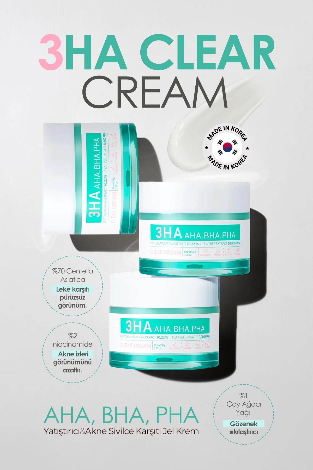 %70 Centella Asiatica Içeren Yatıştırıcı Jel Krem 3ha Clear Cream