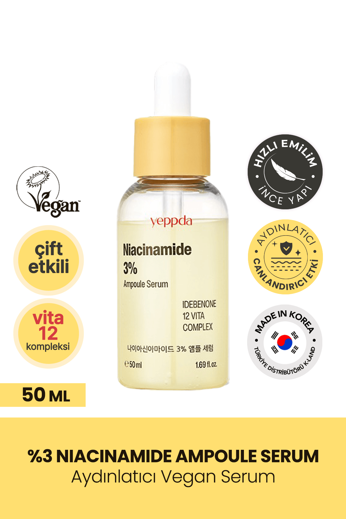 %3 Niacinamide İçeren Aydınlatıcı Vegan Serum Yeppda Niacinamide %3 Ampoule Serum 50ml Büyük Boy