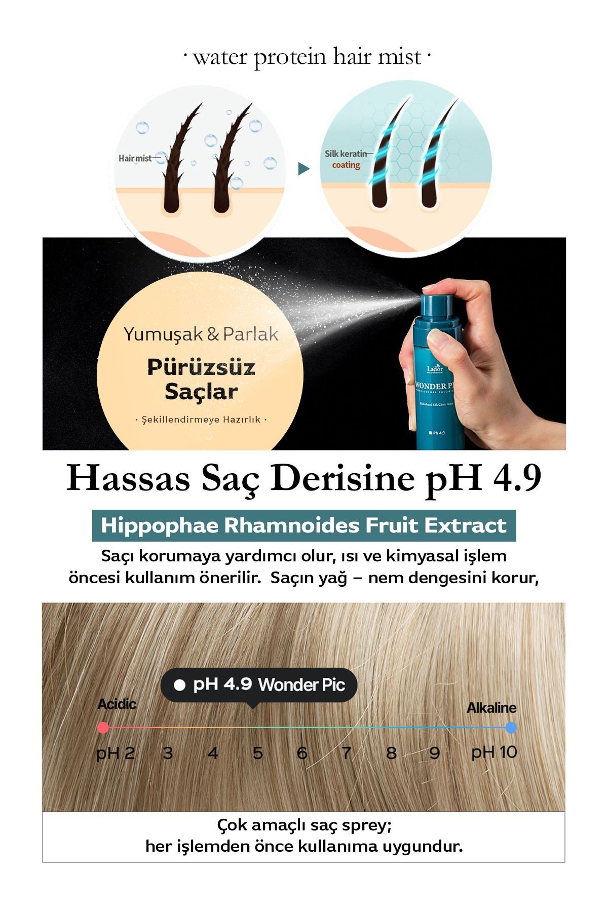 Hasarlı Saçlar İçin Kurutma ve Kimyasal İşlem Öncesi Saç Koruyucu Sprey Lador Wonder Pic Hair Water