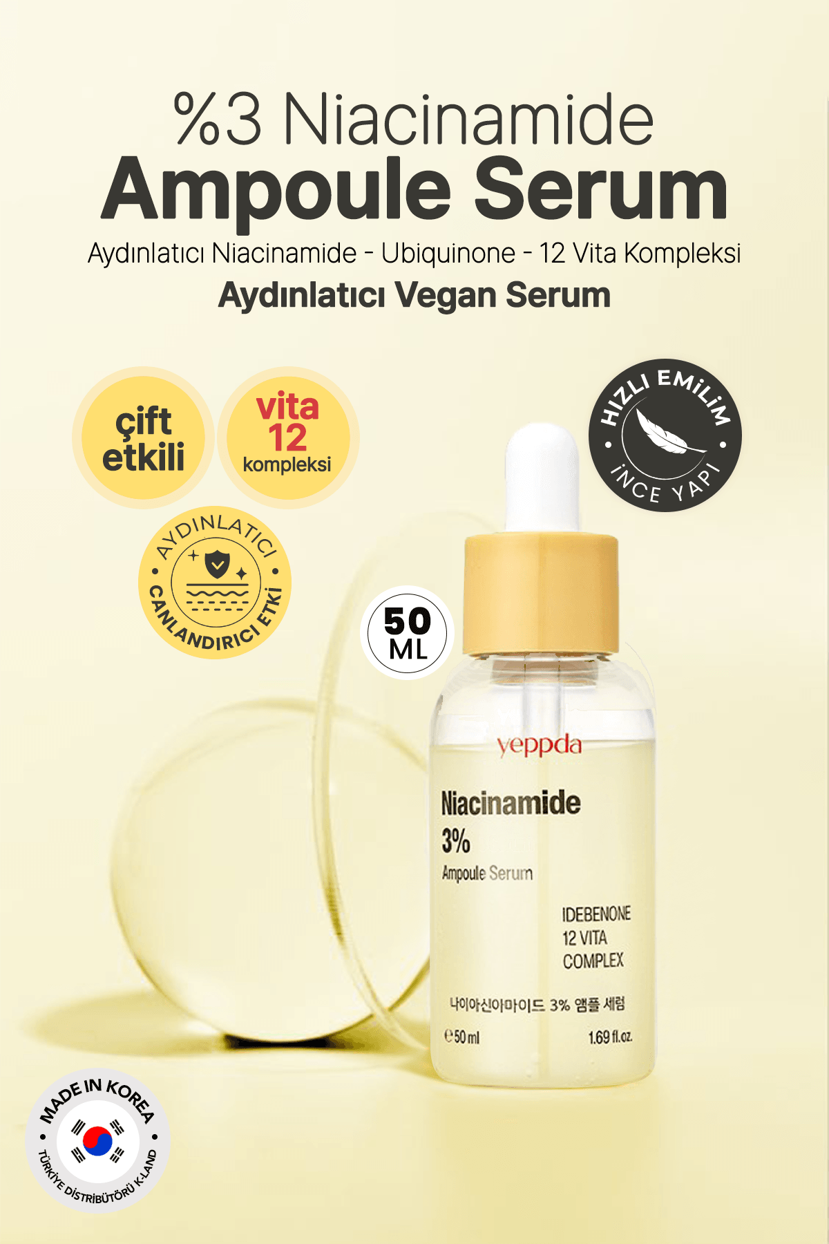 %3 Niacinamide İçeren Aydınlatıcı Vegan Serum Yeppda Niacinamide %3 Ampoule Serum 50ml Büyük Boy