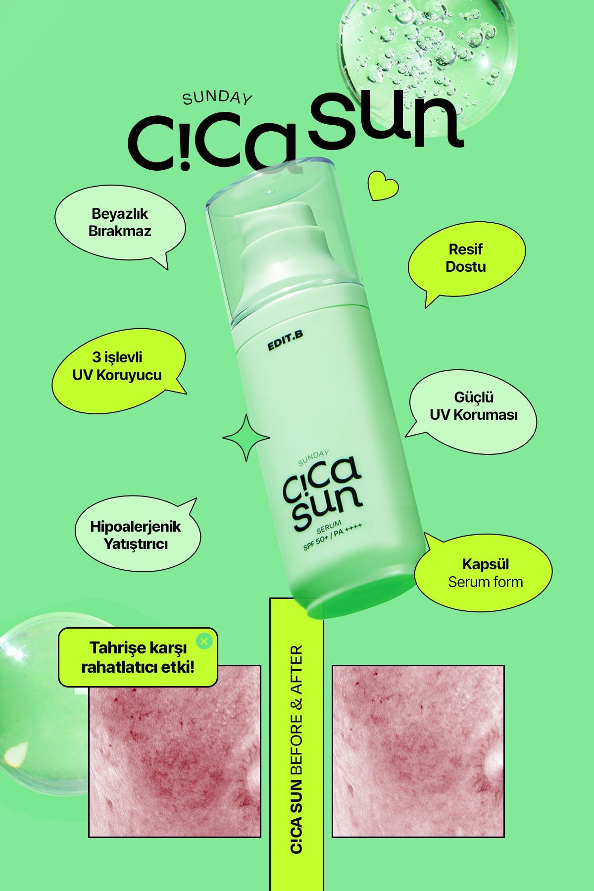 Cica ve Hyalüronik Asit İçeren Nemlendirici SPF50+ Güneş Korumalı Yatıştırıcı EDIT.B Sun Serum 55 ML