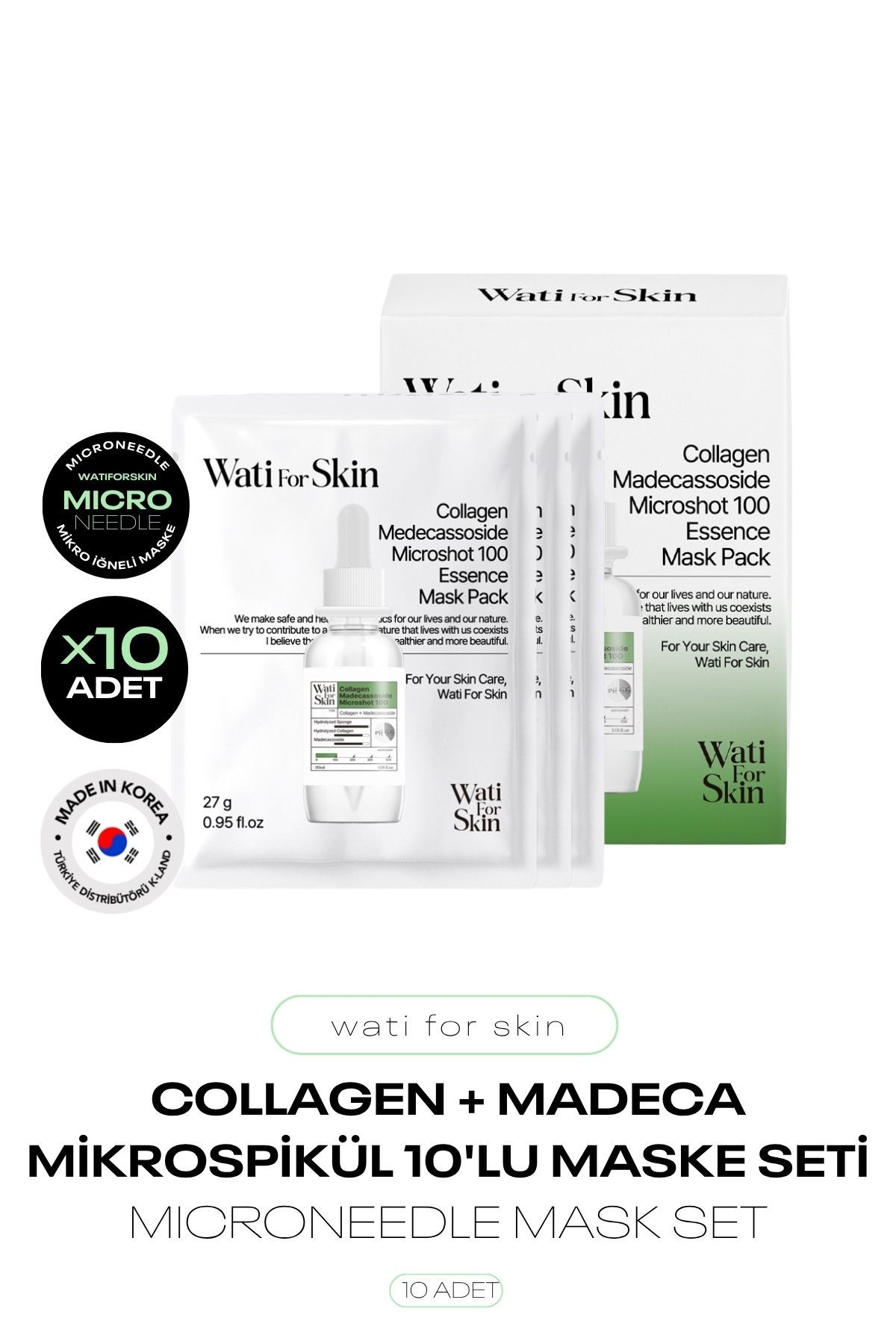 Kolajen ve Madecassoside İçeren Mikro Spikül İğneli Kağıt Maske Wati For Skin Microneedle Mask 10lu