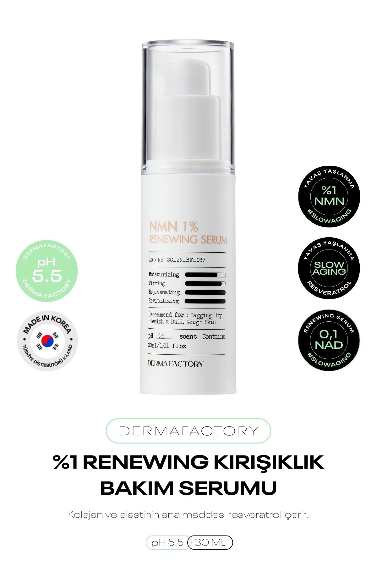 Resveratrol, NMN ve NAD içeren Kırışıklık Bakım Serumu Derma Factory Renewing Serum