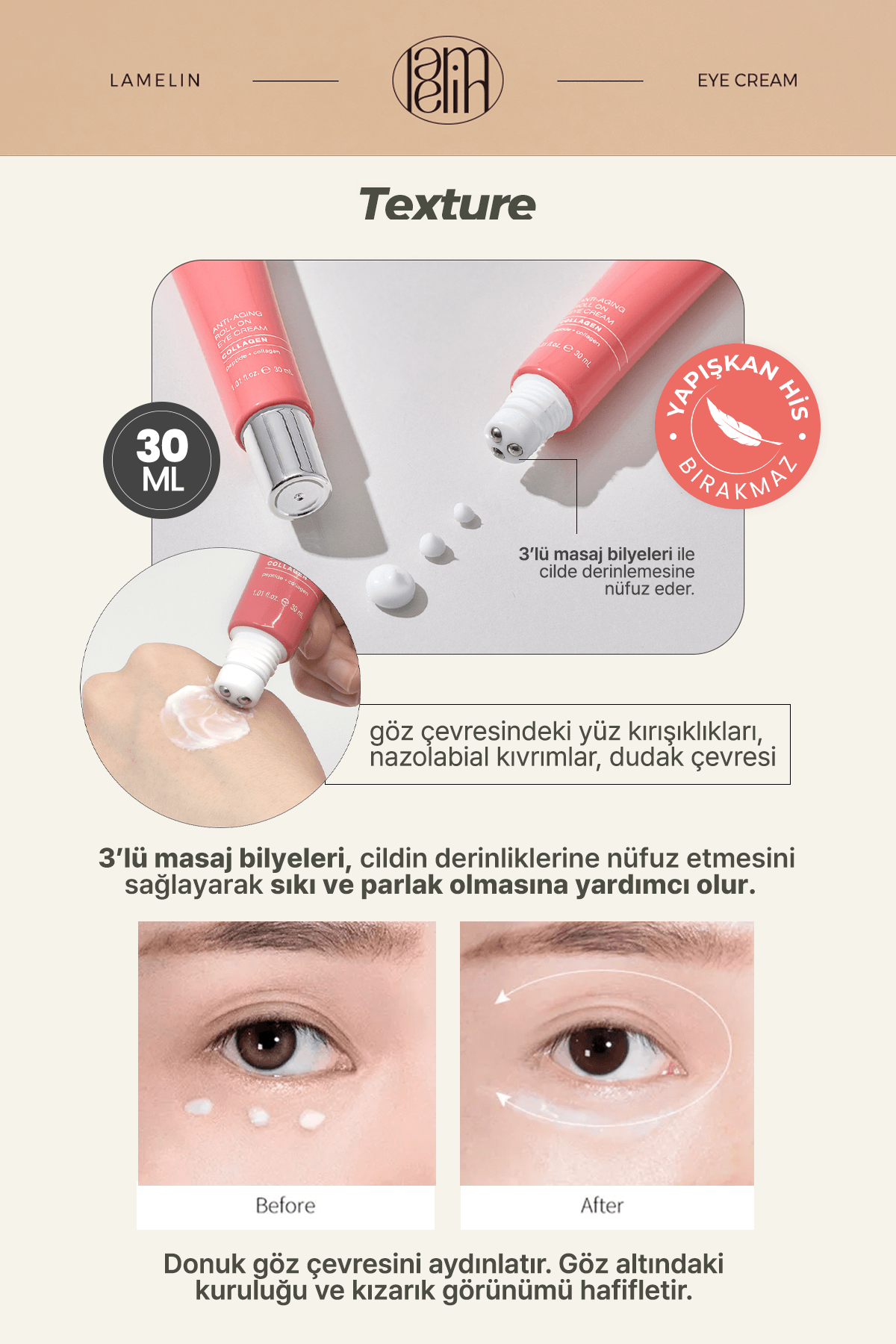 Yaşlanma Karşıtı 3'lü Masaj Başlıklı Kolajen Göz Kremi Lamelin Roll On Collagen Eye Cream