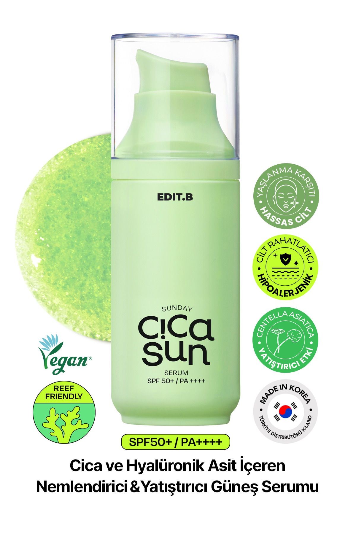 Cica ve Hyalüronik Asit İçeren Nemlendirici SPF50+ Güneş Korumalı Yatıştırıcı EDIT.B Sun Serum 55 ML