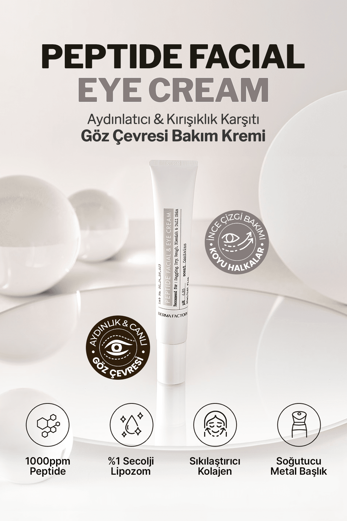 Peptit İçeren Sıkılaştırıcı Masaj Başlıklı Göz ve Yüz Kremi Derma Factory Peptide 20ml