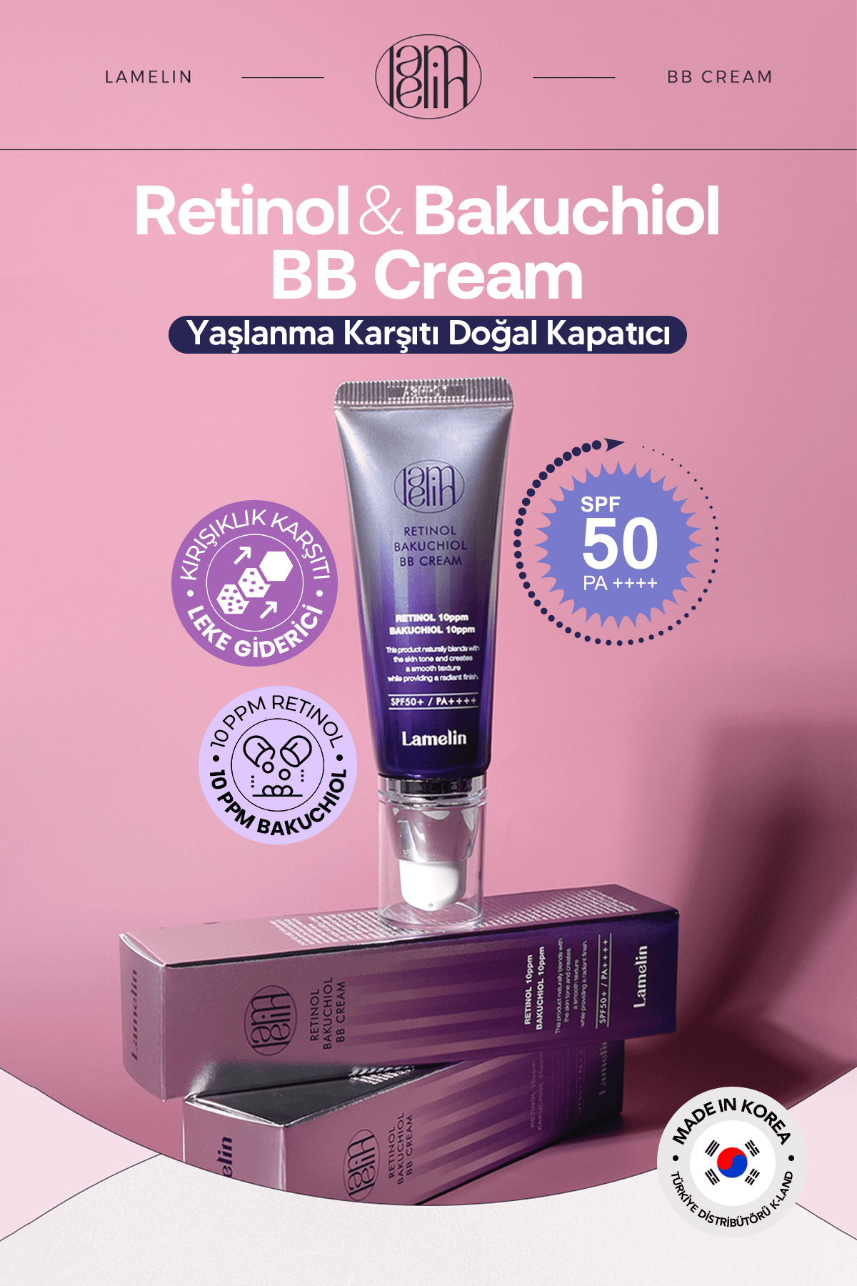 Retinol ve Bakuchiol İçeren Doğal Kapatıcı Parlak Bitişli Yaşlanma Karşıtı BB Krem Lamelin 50 ml