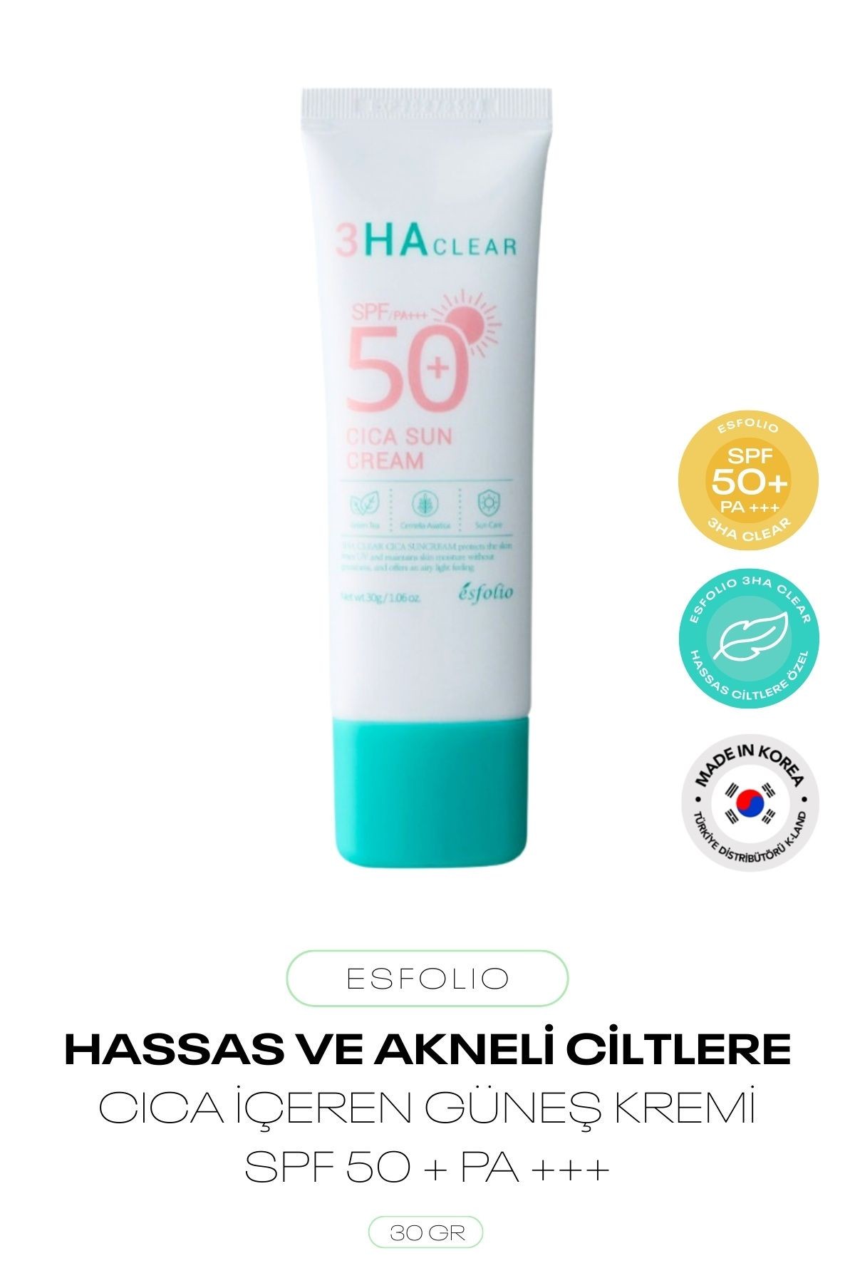 Hassas ve Akneli Ciltler İçin Güneş Kremi 3HA Clear Cica Sun Cream SPF 50+ PA +++