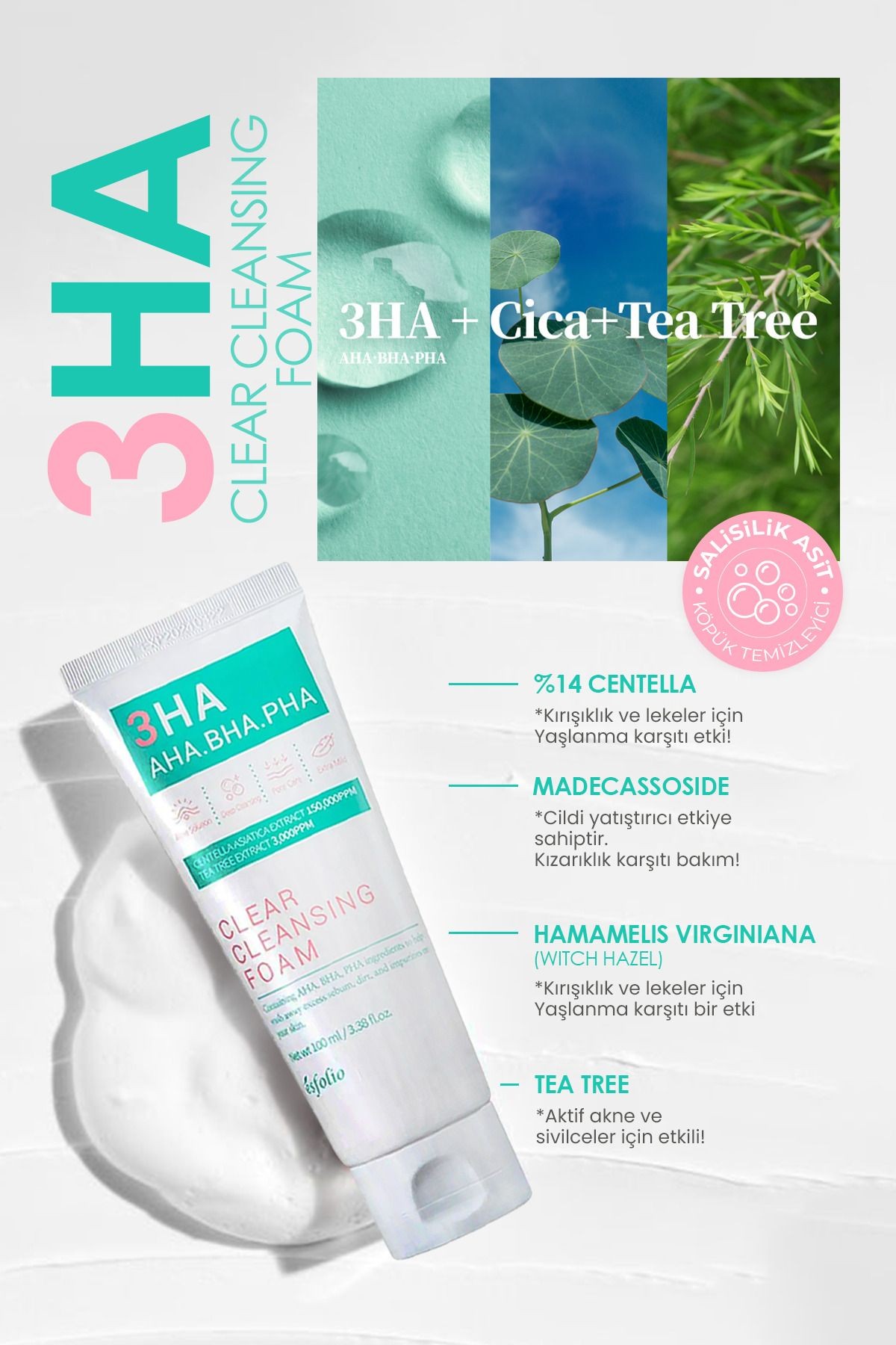 Salisilik Asit Içeren Akneye Meyilli Ciltler Için Temizleme Köpüğü 3ha Clear Cleansing Foam