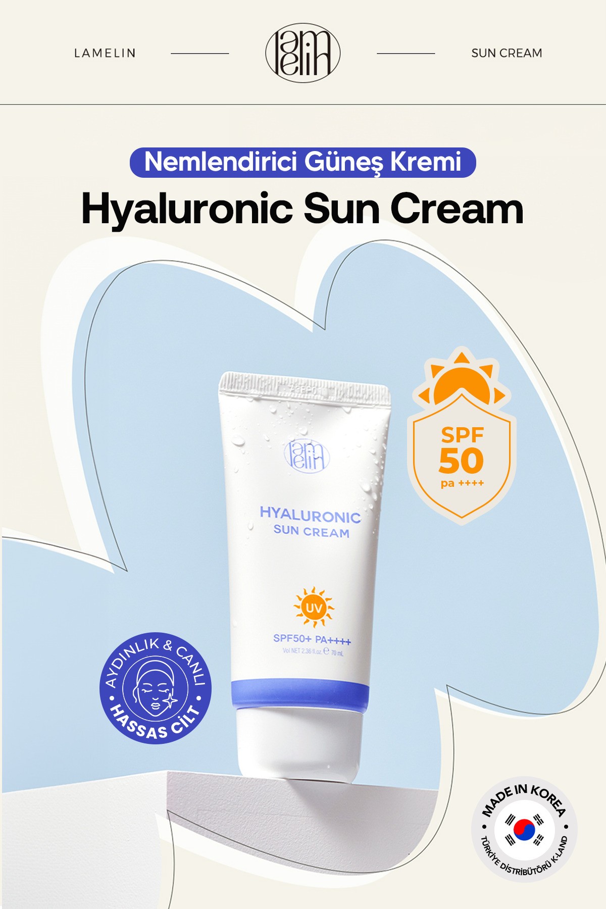 Hyaluronic Acid İçeren Nemlendirici Güneş Kremi Lamelin Hyaluronic Sun Cream Büyük Boy 70ml