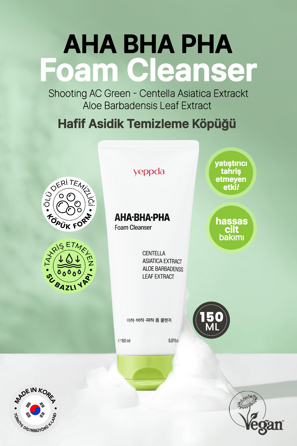 Hafif Asidik Akneli Ciltler İçin Yüz Temizleme Köpüğü Yeppda AHA BHA PHA Foam Cleanser 150 ml