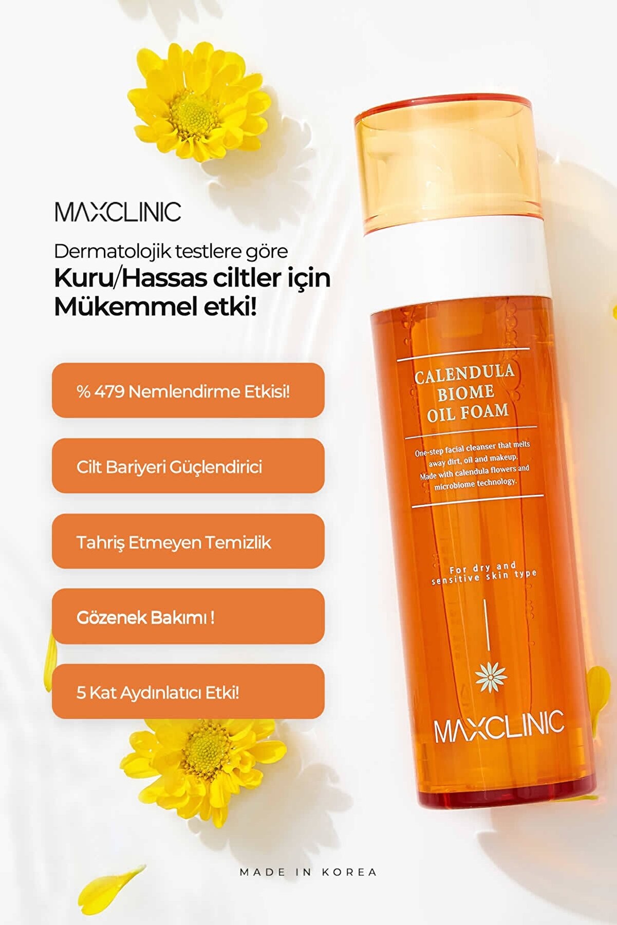 MAXCLINIC Hassas Ciltler İçin Çift Aşamalı Temizlik Sağlayan Calendula Biome Oil Foam
