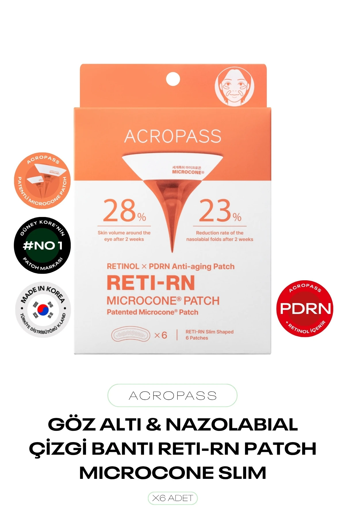 Retinol ve PDRN Mikro İğneli Göz Altı ve Nazolabial Çizgi Reti-rn Microcone Patch Slim 6lı