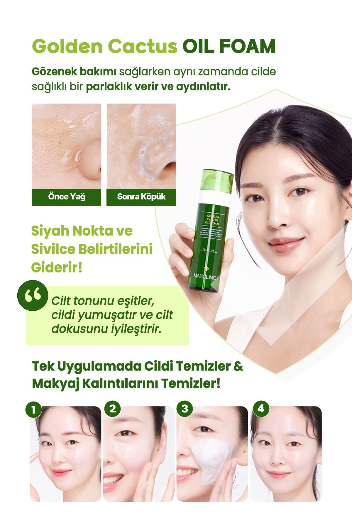 Kaktüs Meyvesi Özü İçeren Tek Adımda Çift Aşamalı Temizlik Sağlayan Maxclinic Golden Cactus Oil Foam