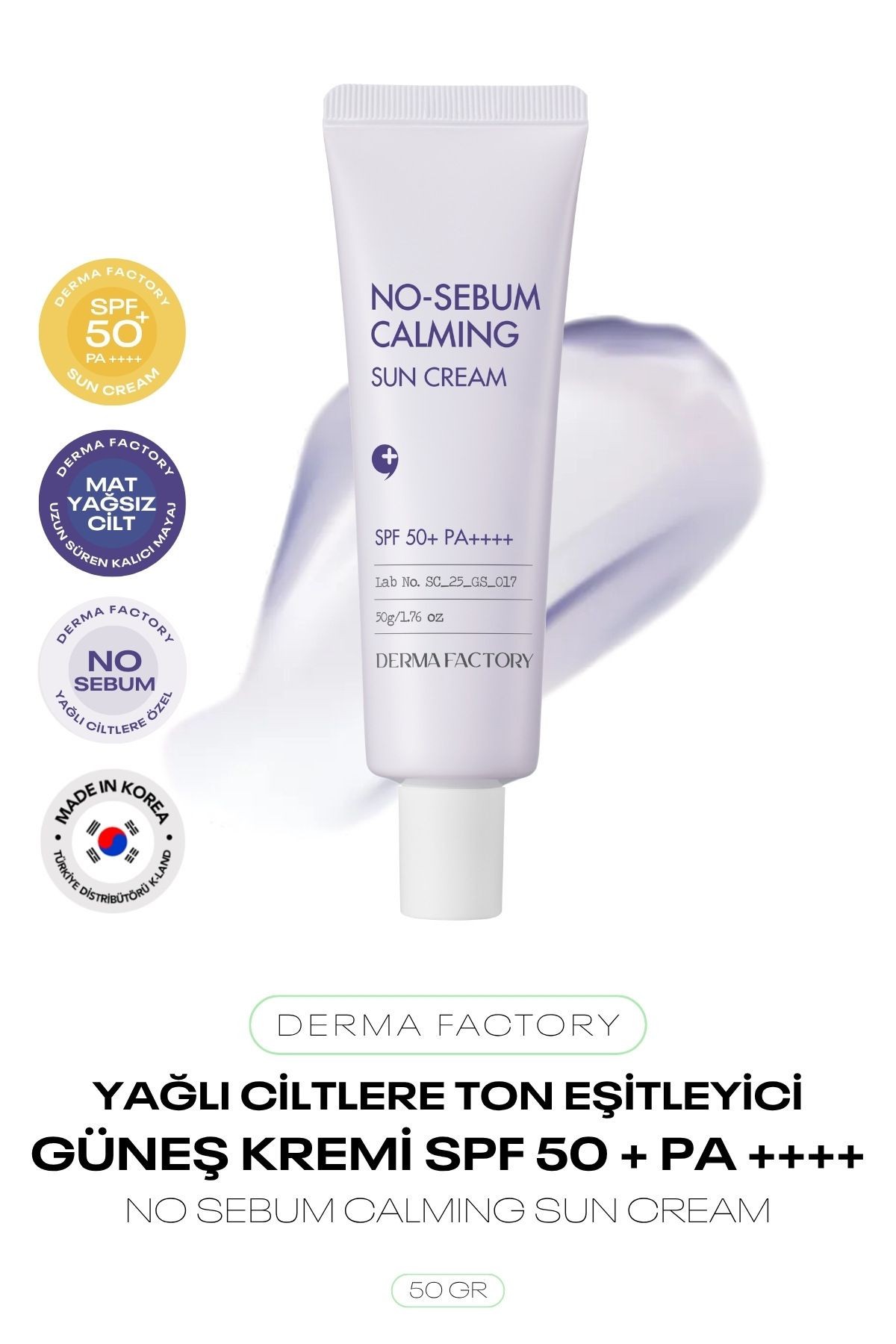 Yağlı Ciltler İçin Ton Eşitleyici Kore Güneş Kremi Derma Factory No Sebum Calming Sun Cream SPF 50+