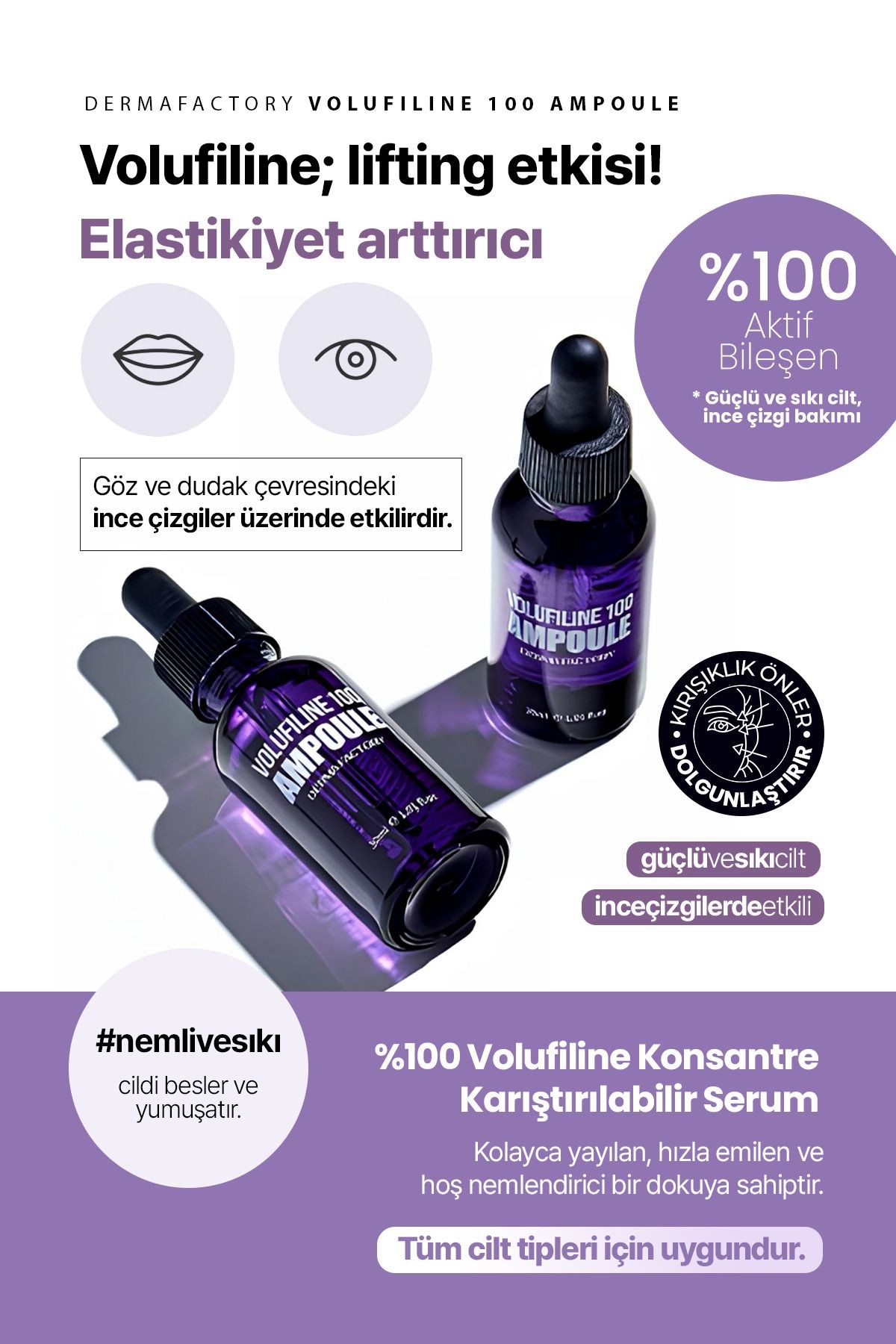 %100 Volufilin İçeren Dolgunlaştırıcı, Yaşlanma Karşıtı Konsantre Serum Derma Factory Volufilin 100