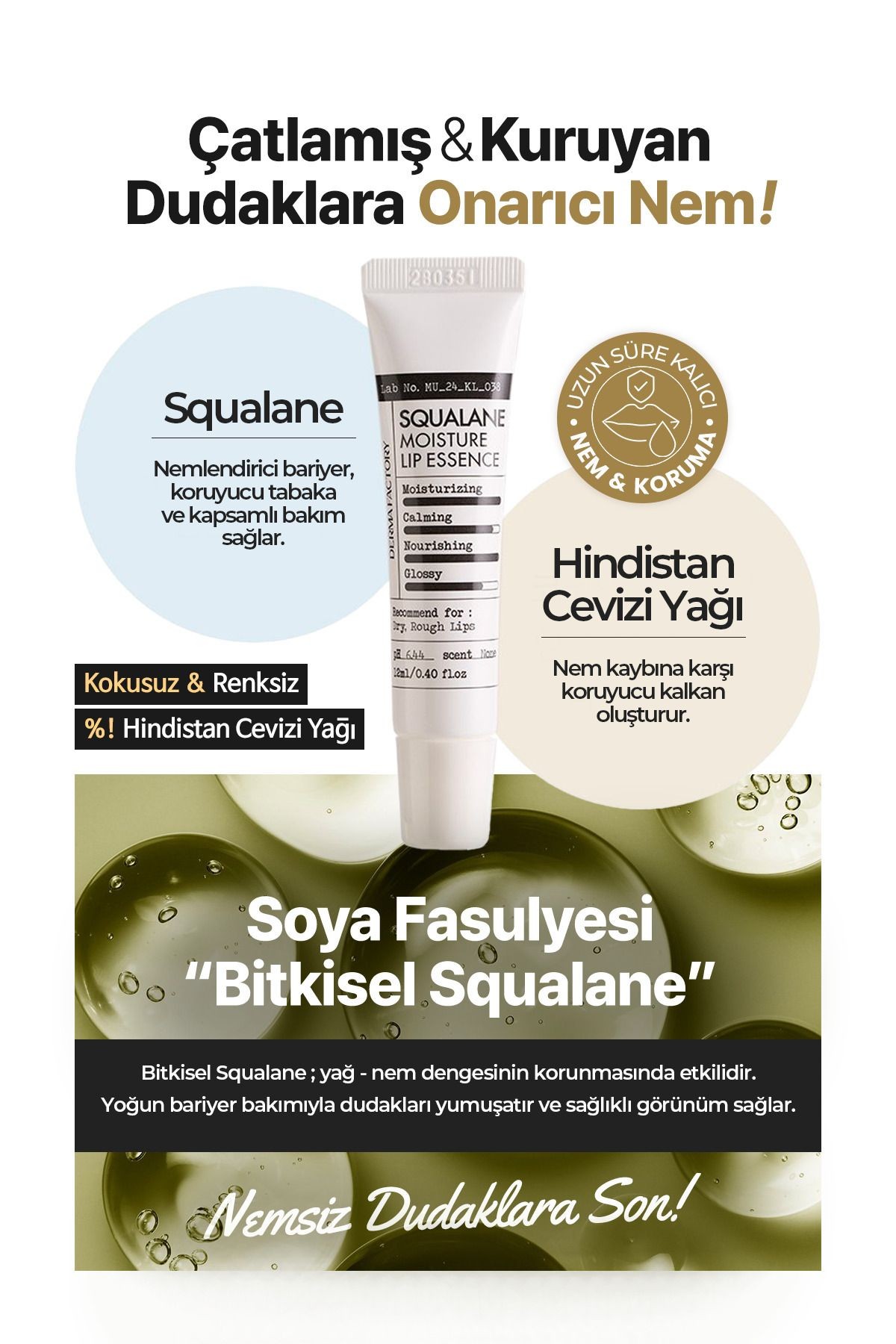 %50 Squalane İçeren Yoğun Nemlendirici ve Onarıcı Dudak Kremi Derma Factory Lip Essence