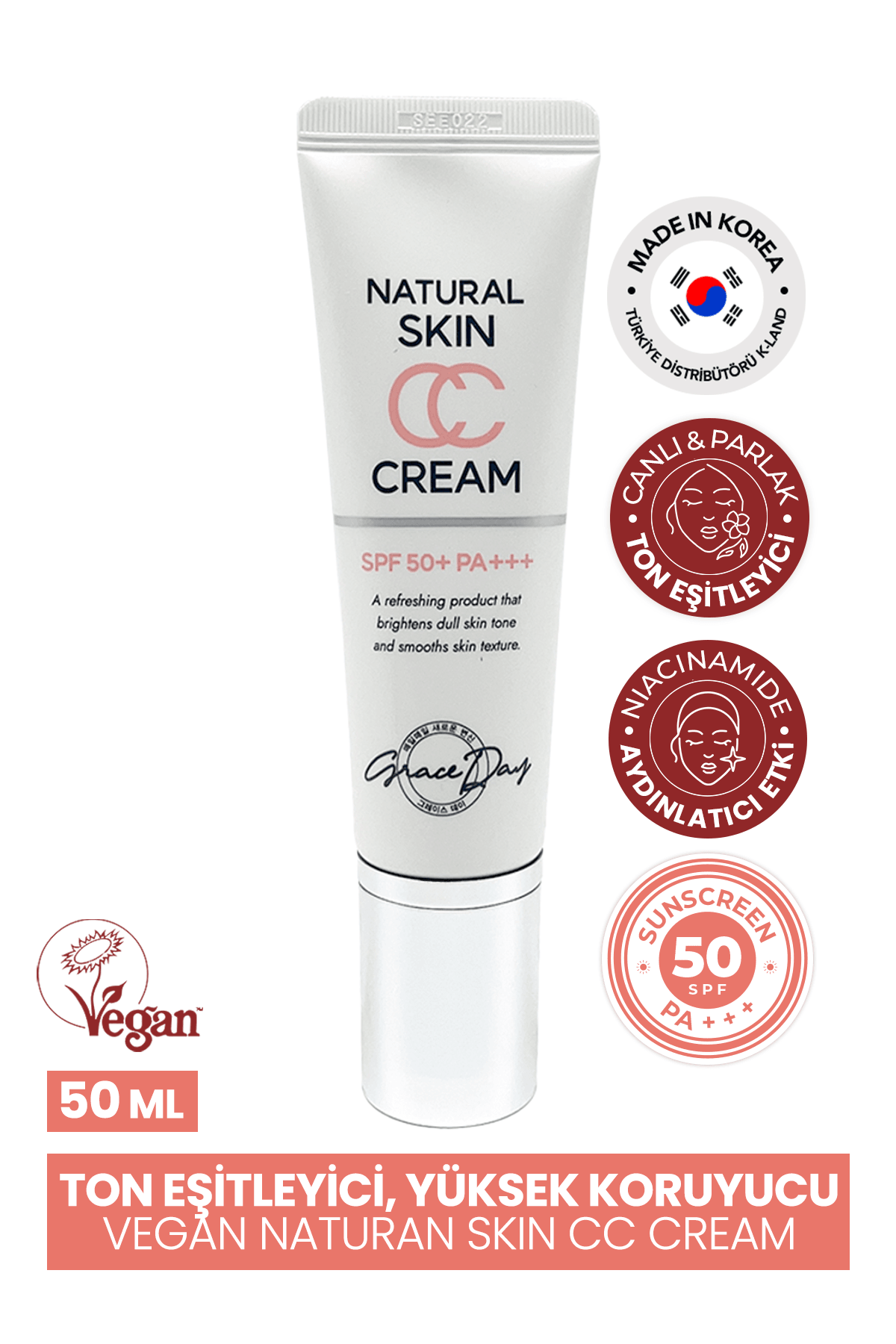Ton Eşitleyici Vegan CC Krem SPF 50+ PA+++ GRACE DAY Natural Skin CC Cream
