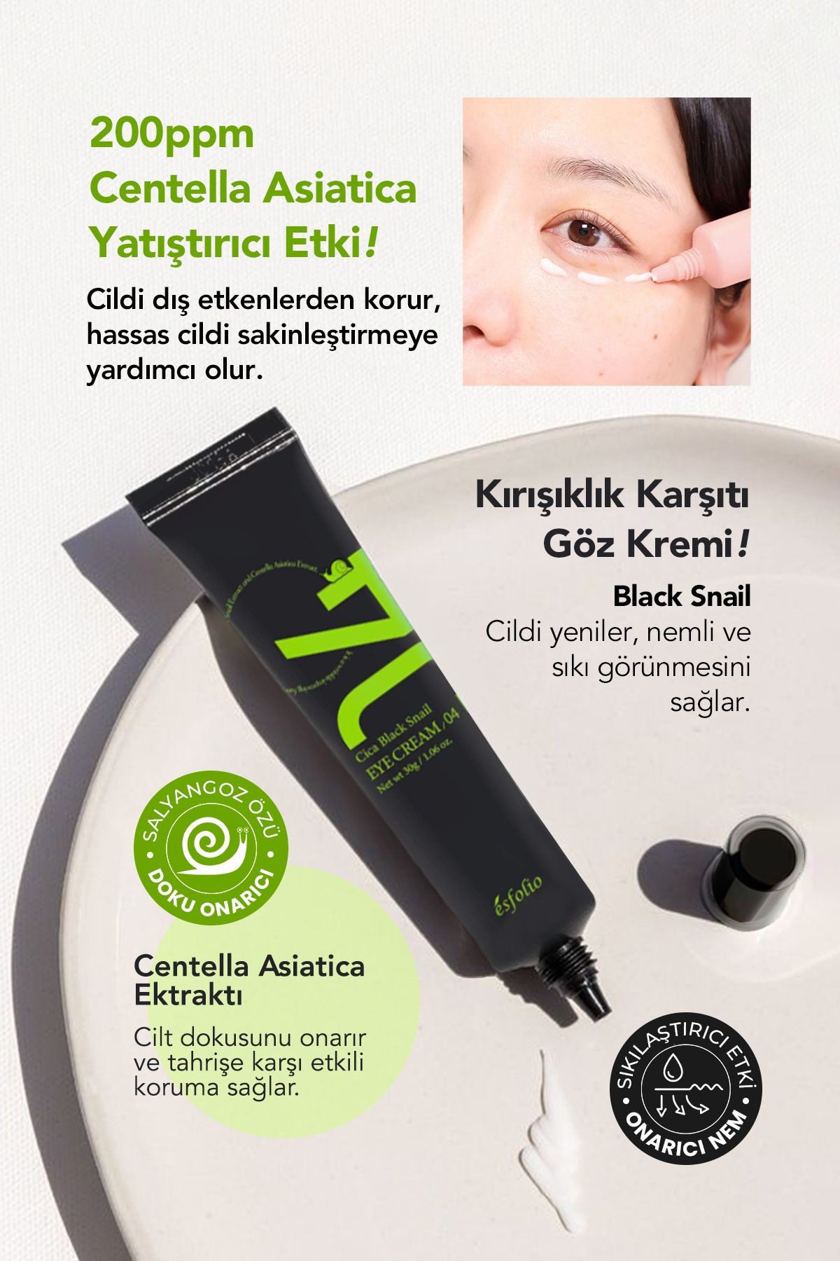Siyah Salyangoz Özü İçeren Onarıcı Göz Kremi Esfolio Cica Black Snail Eye Cream 30gr