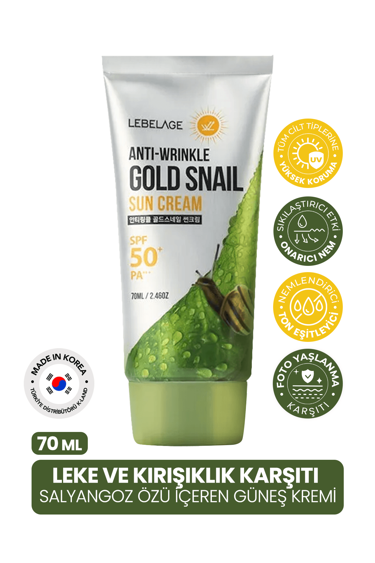 Leke ve Kırışıklık Karşıtı Salyangoz Özü İçeren Gold Snail Spf 50 + Güneş Kremi